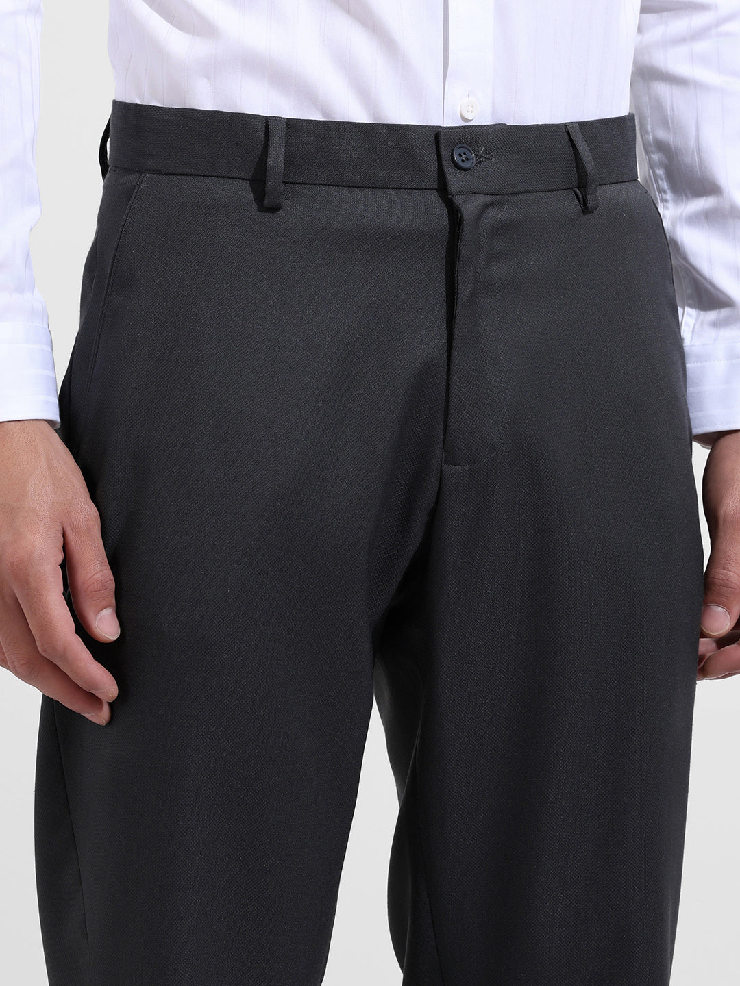 Men's Charcoal Grey Regular Fit Solid Formal Trouser - Image 4