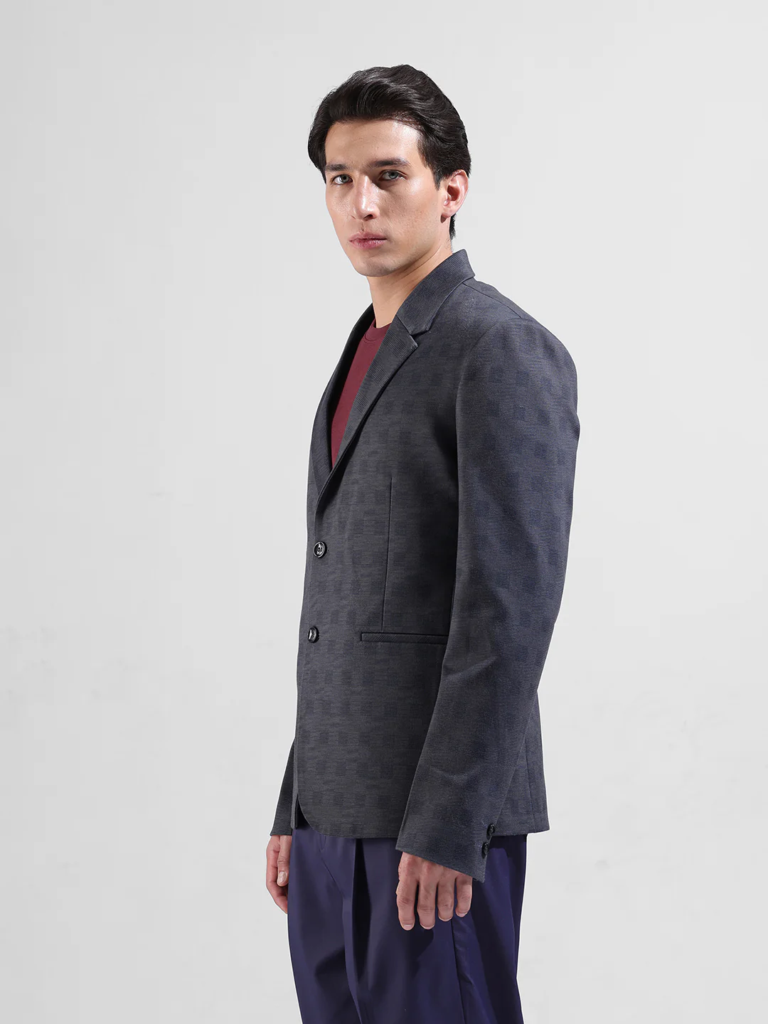 Men's Blue Regular Fit Checked Casual Blazer - Image 2