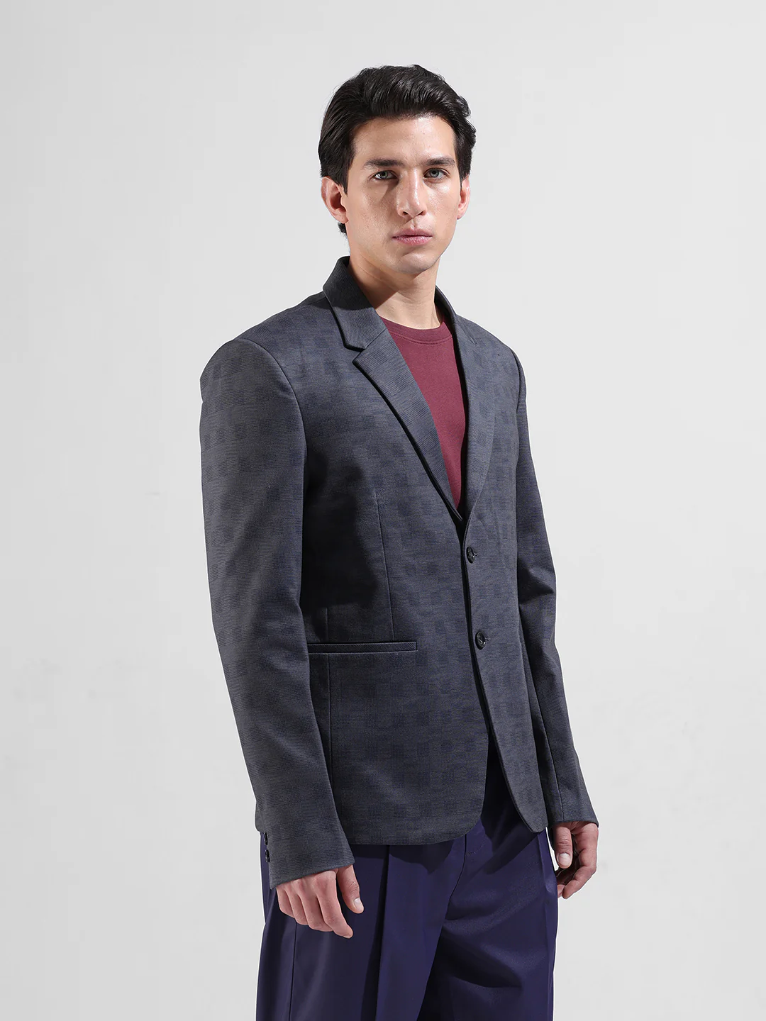 Men's Blue Regular Fit Checked Casual Blazer - Image 3