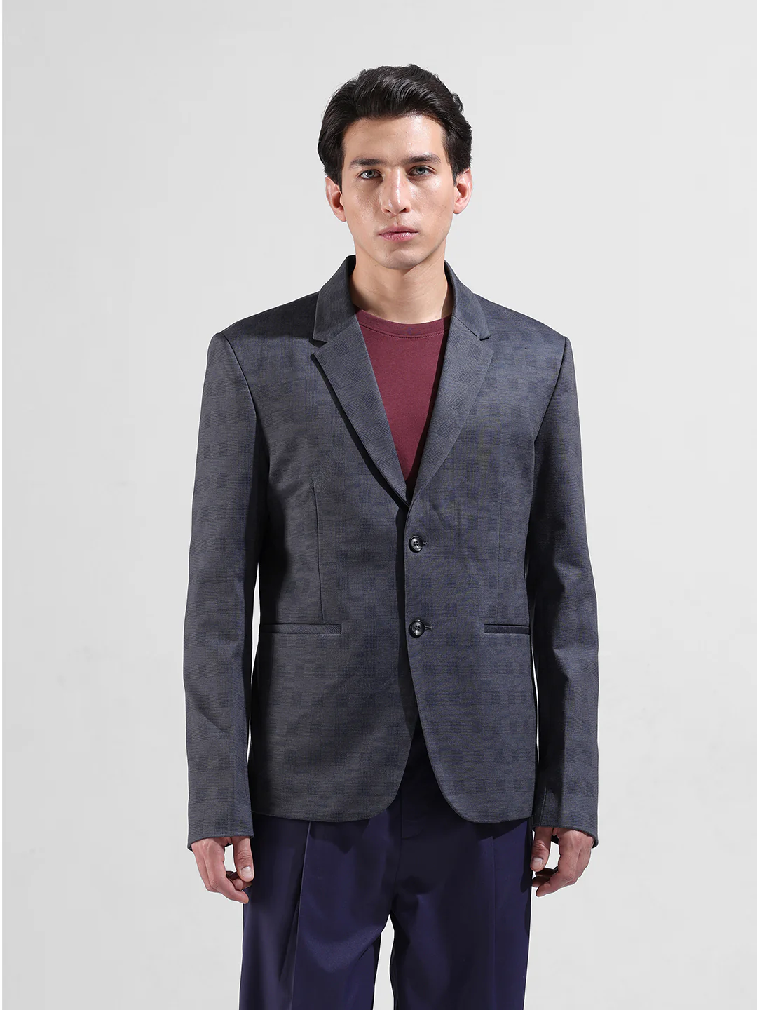 Men's Blue Regular Fit Checked Casual Blazer - Image 6
