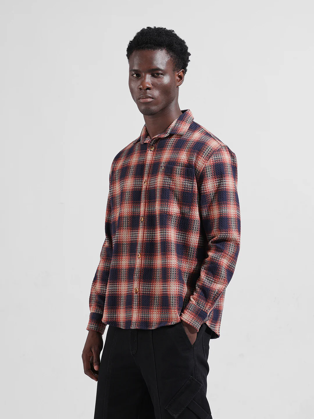 Men's Navy Relaxed Fit Checkered Textured Shirt - Image 2