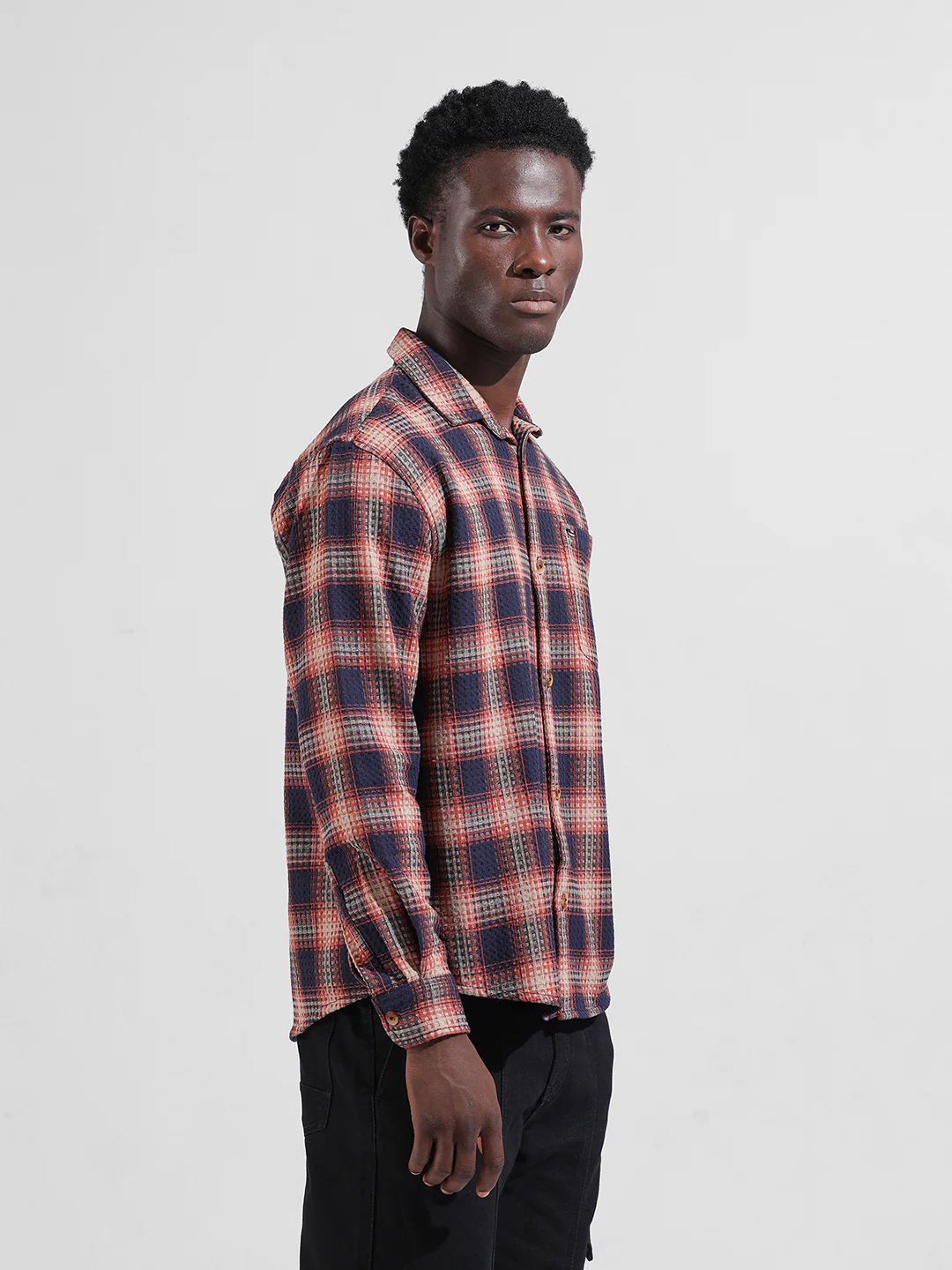 Men's Navy Relaxed Fit Checkered Textured Shirt - Image 3