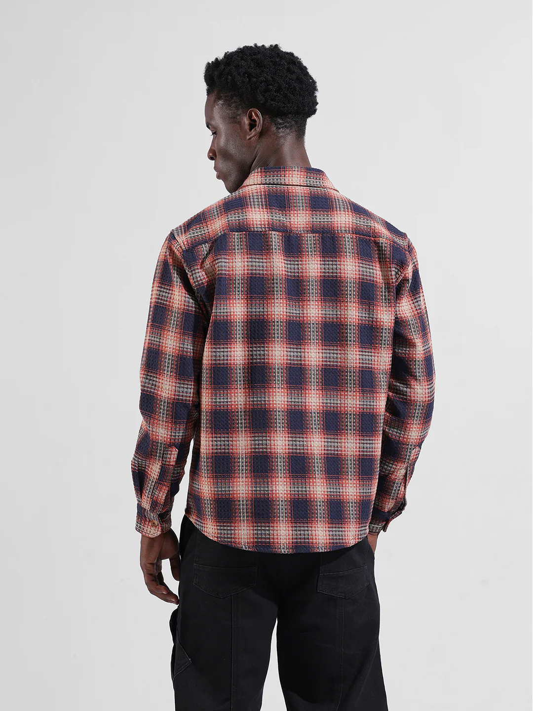 Men's Navy Relaxed Fit Checkered Textured Shirt - Image 4