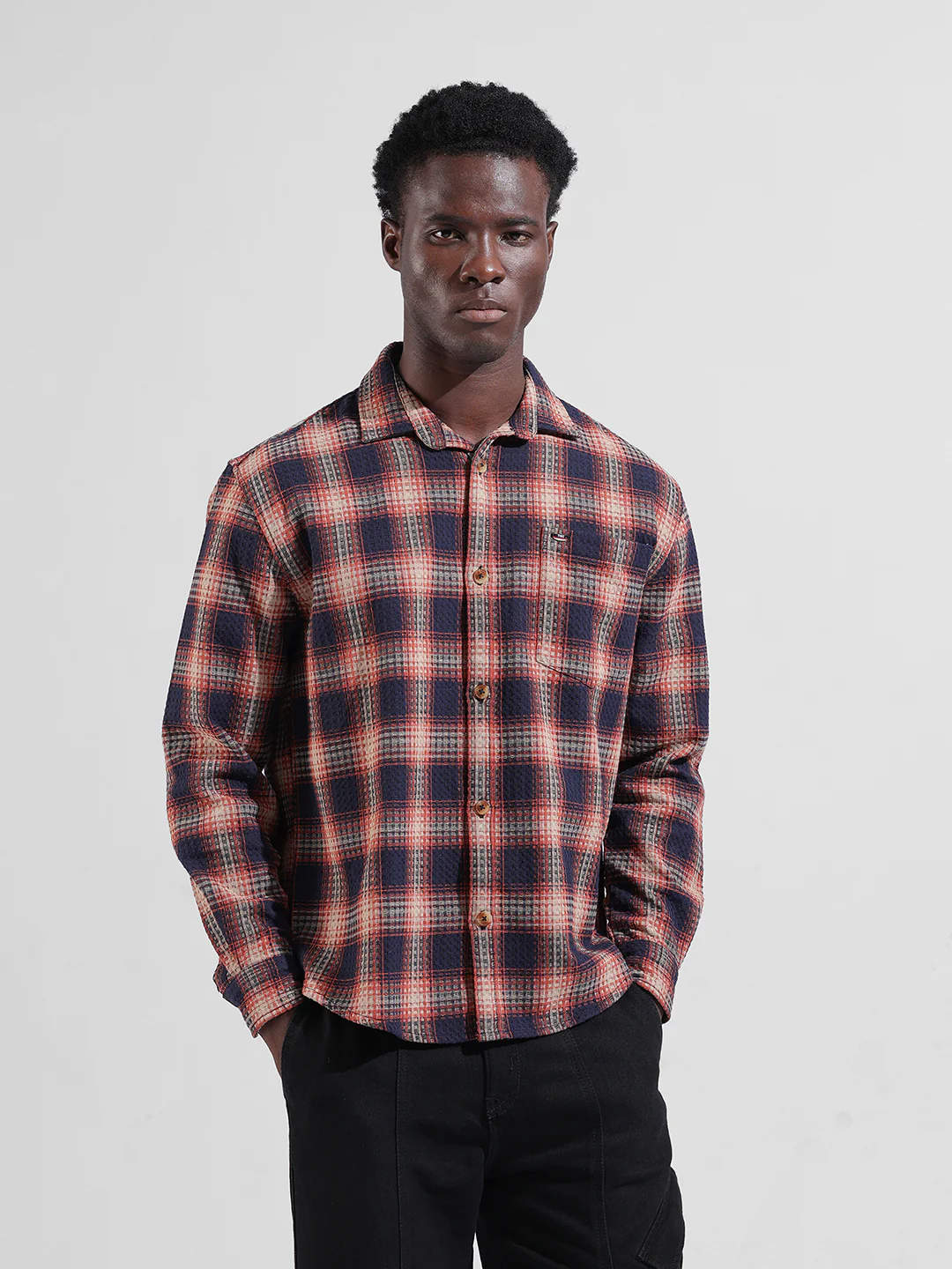 Men's Navy Relaxed Fit Checkered Textured Shirt - Image 5