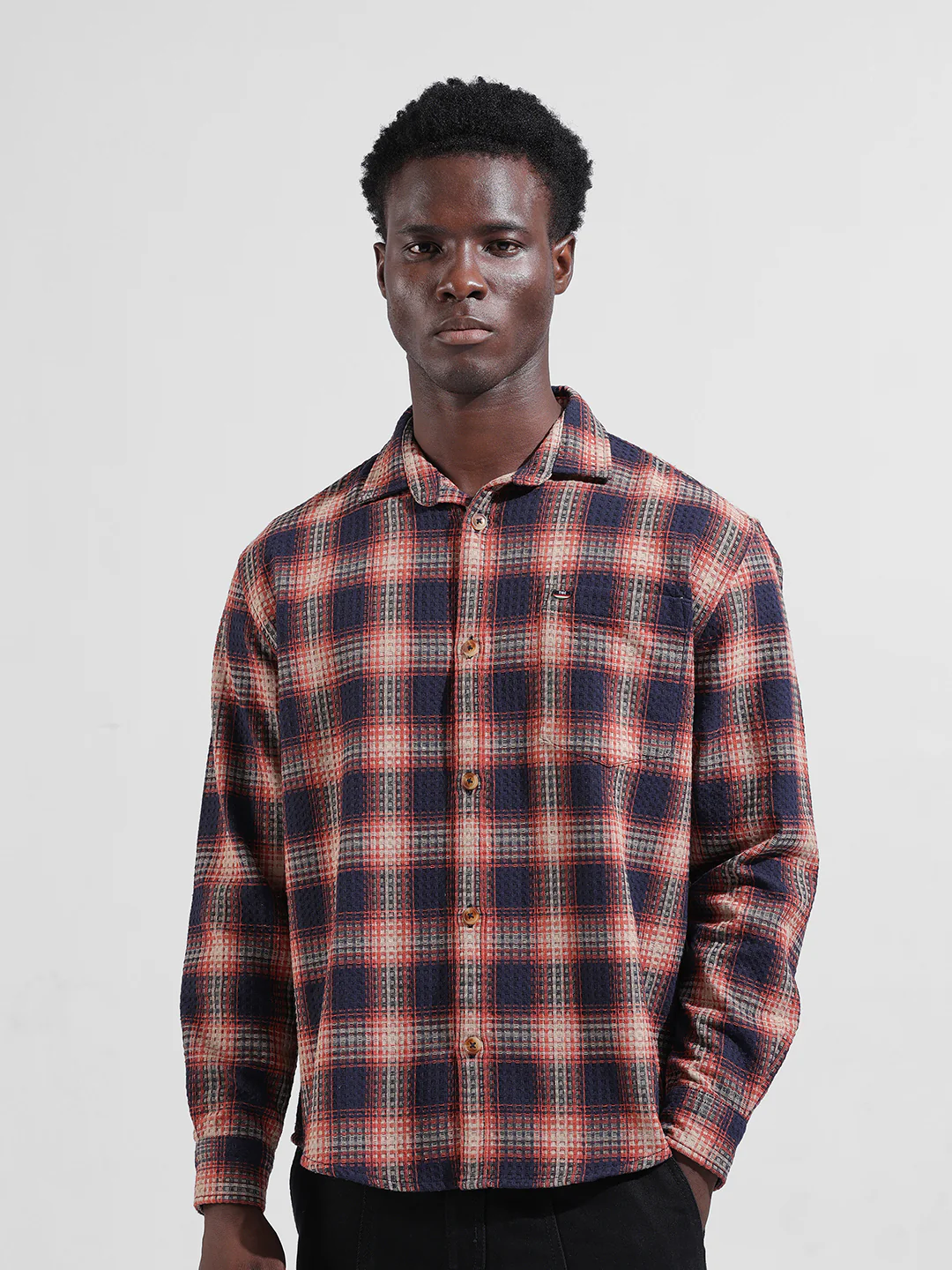 Men's Navy Relaxed Fit Checkered Textured Shirt - Image 6