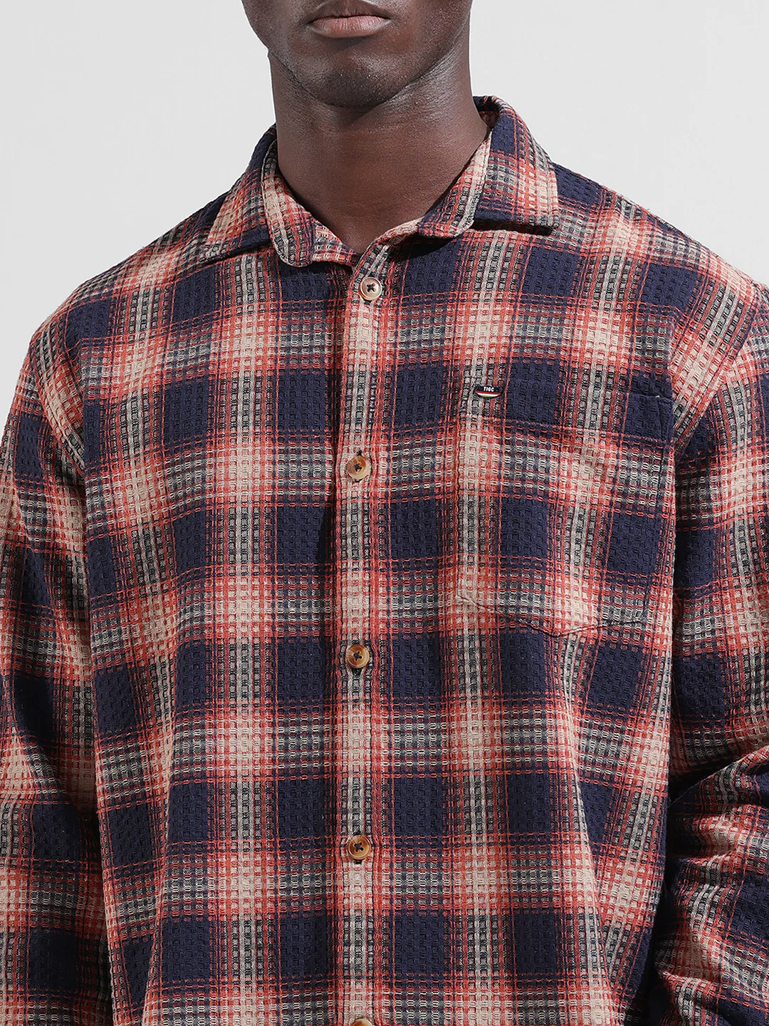 Men's Navy Relaxed Fit Checkered Textured Shirt - Image 7