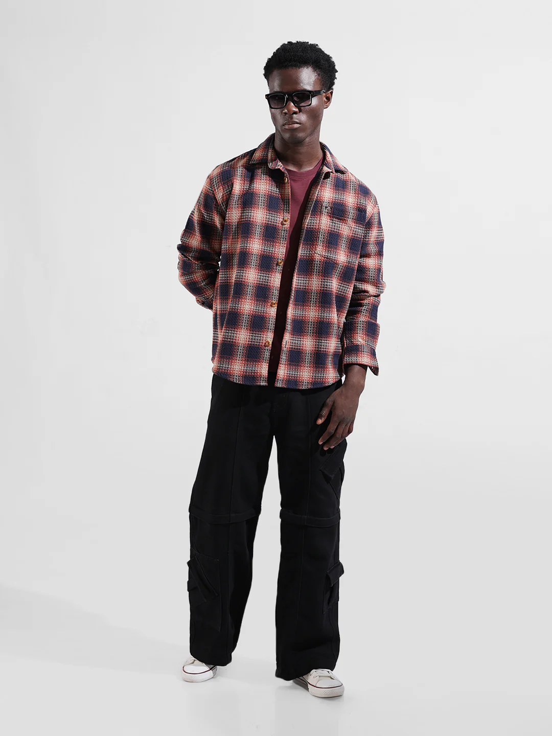 Men's Navy Relaxed Fit Checkered Textured Shirt - Image 8