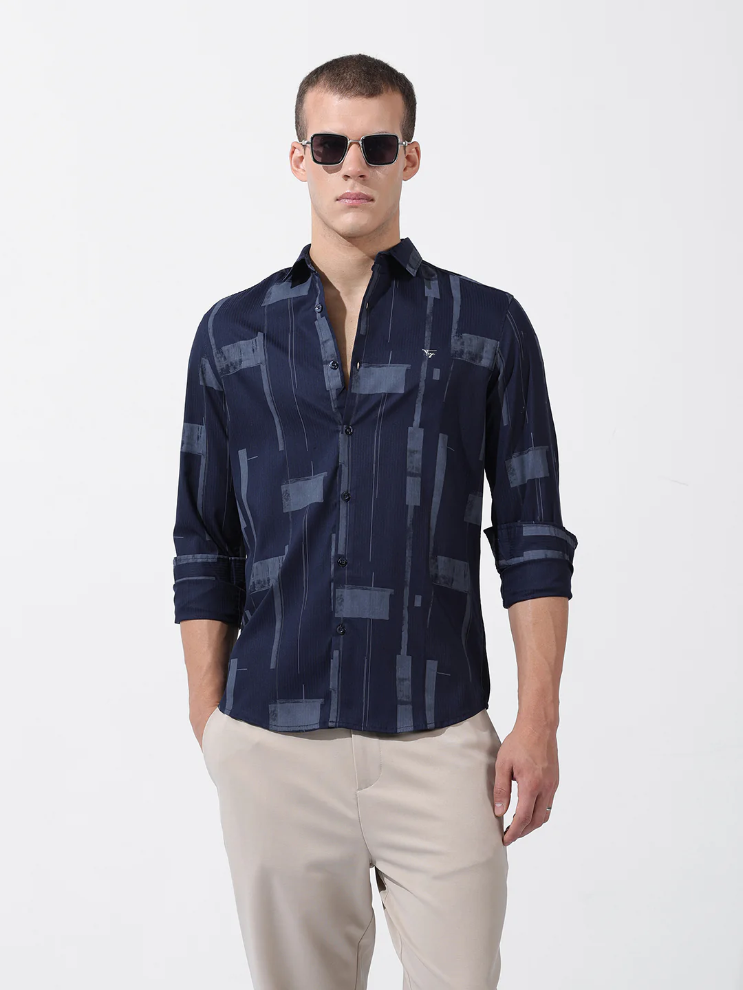 Men's Navy Blue Slim Fit Printed Party Wear Shirt - Image 2