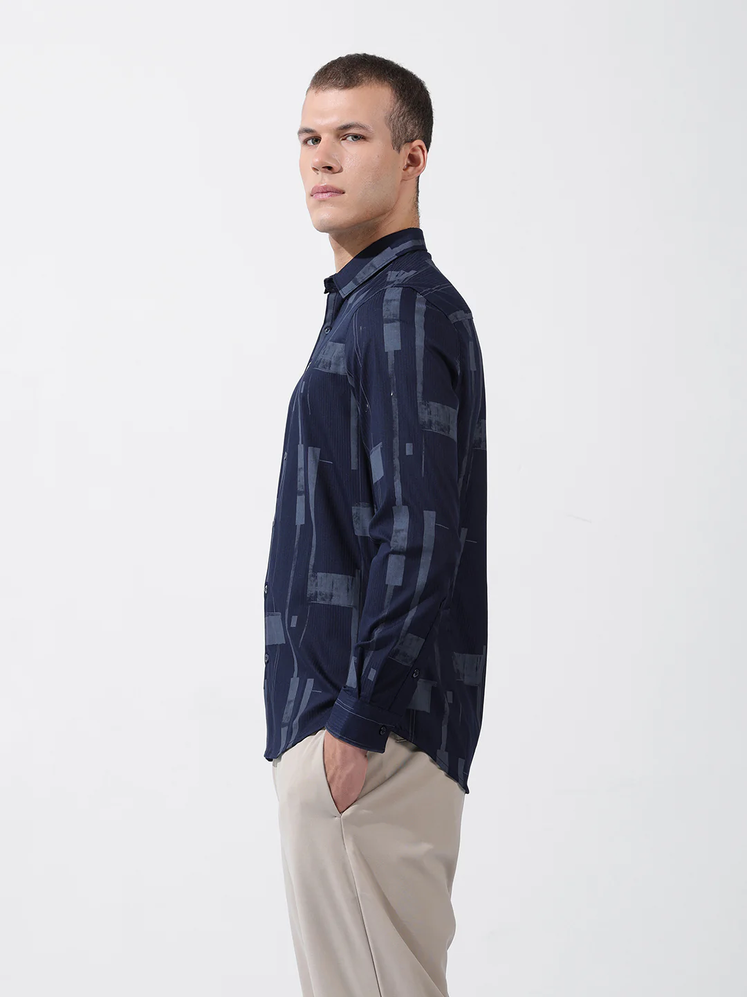 Men's Navy Blue Slim Fit Printed Party Wear Shirt - Image 4