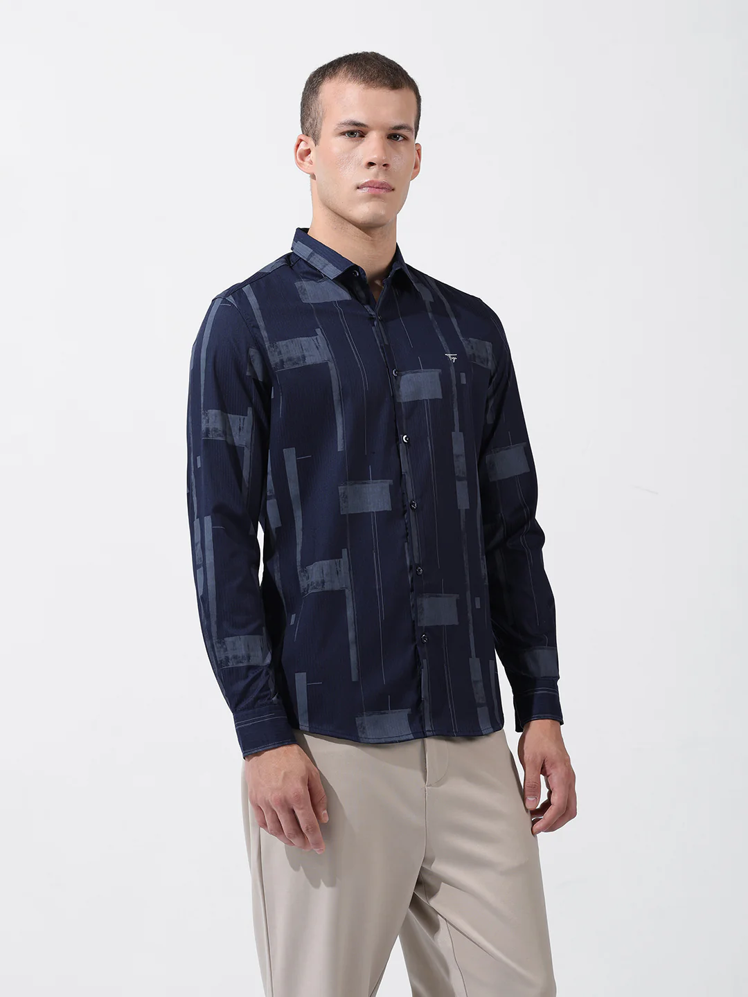 Men's Navy Blue Slim Fit Printed Party Wear Shirt - Image 5