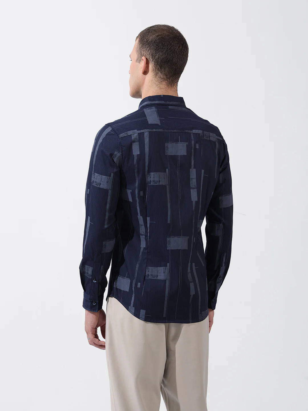 Men's Navy Blue Slim Fit Printed Party Wear Shirt - Image 6