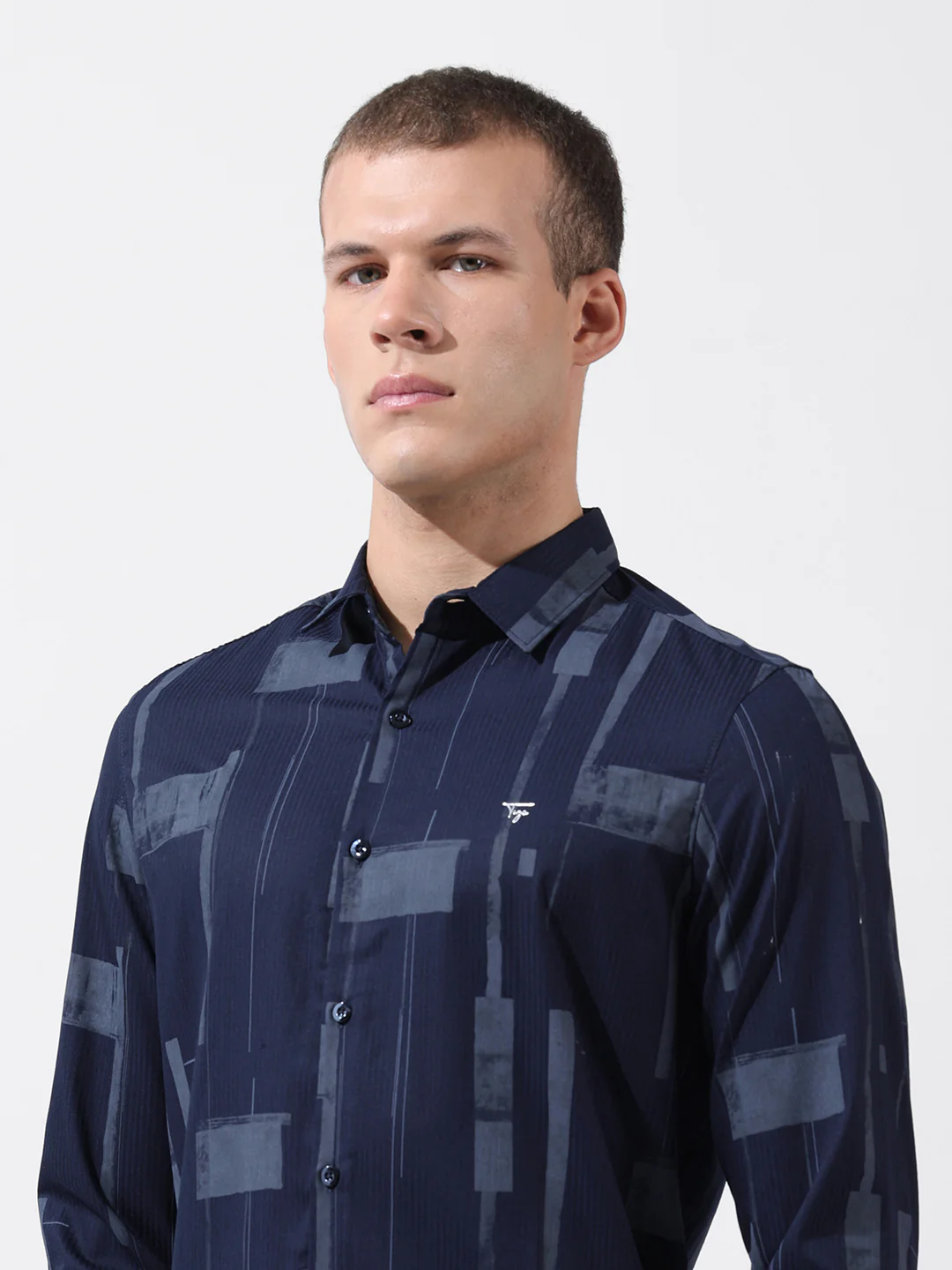 Men's Navy Blue Slim Fit Printed Party Wear Shirt - Image 7