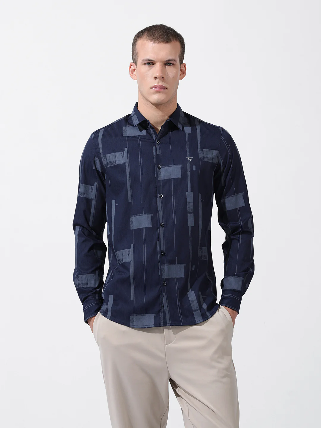 Men's Navy Blue Slim Fit Printed Party Wear Shirt - Image 8