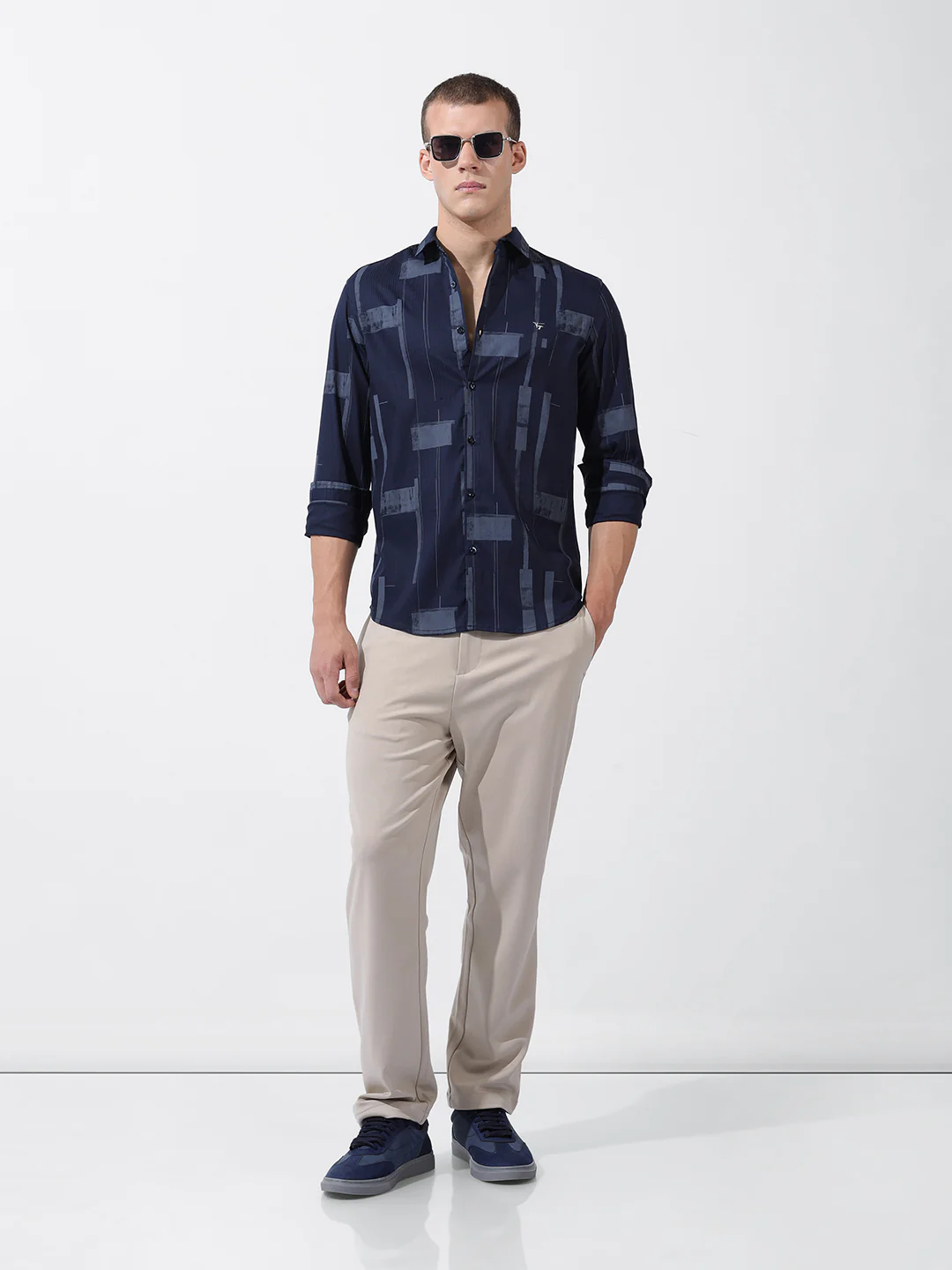Men's Navy Blue Slim Fit Printed Party Wear Shirt - Image 9