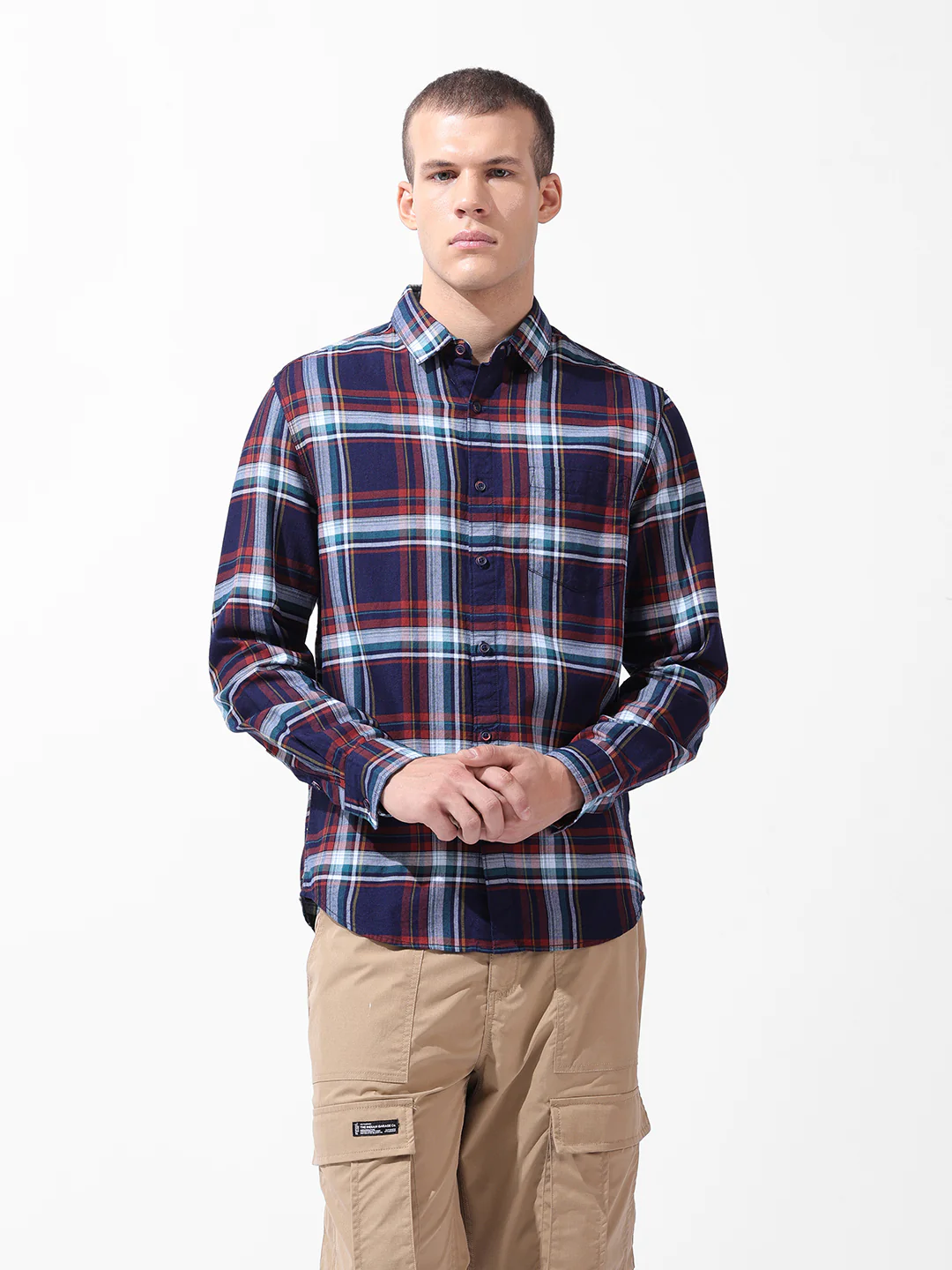Men's Navy Blue Slim Fit Checked Casual Shirt - Image 7