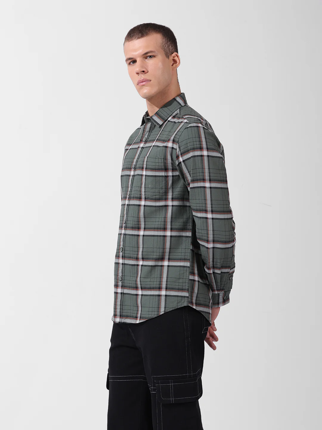 Men's Olive Slim Fit Checked Casual Shirt - Image 2