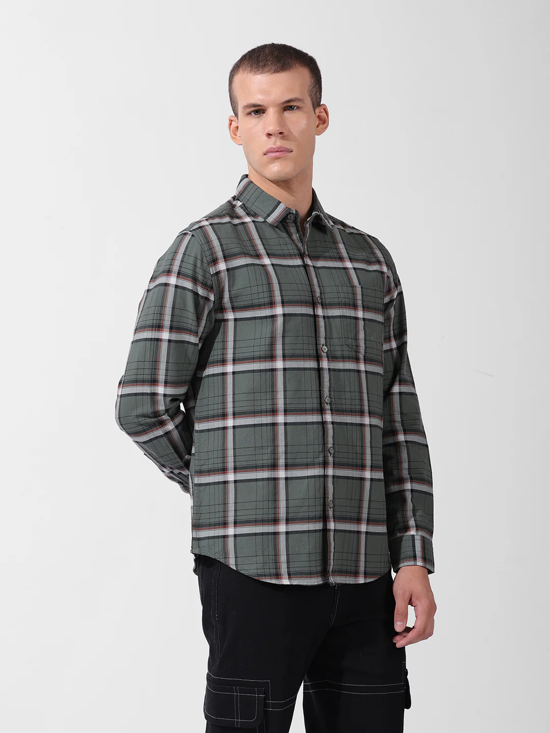 Men's Olive Slim Fit Checked Casual Shirt - Image 3