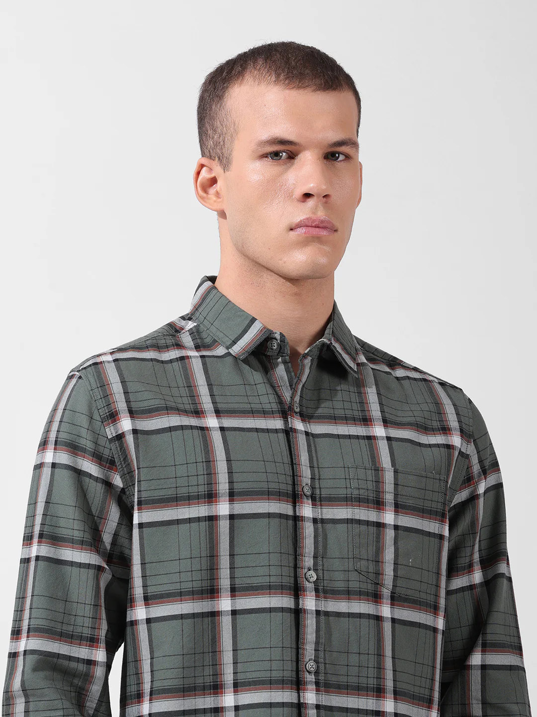 Men's Olive Slim Fit Checked Casual Shirt - Image 5