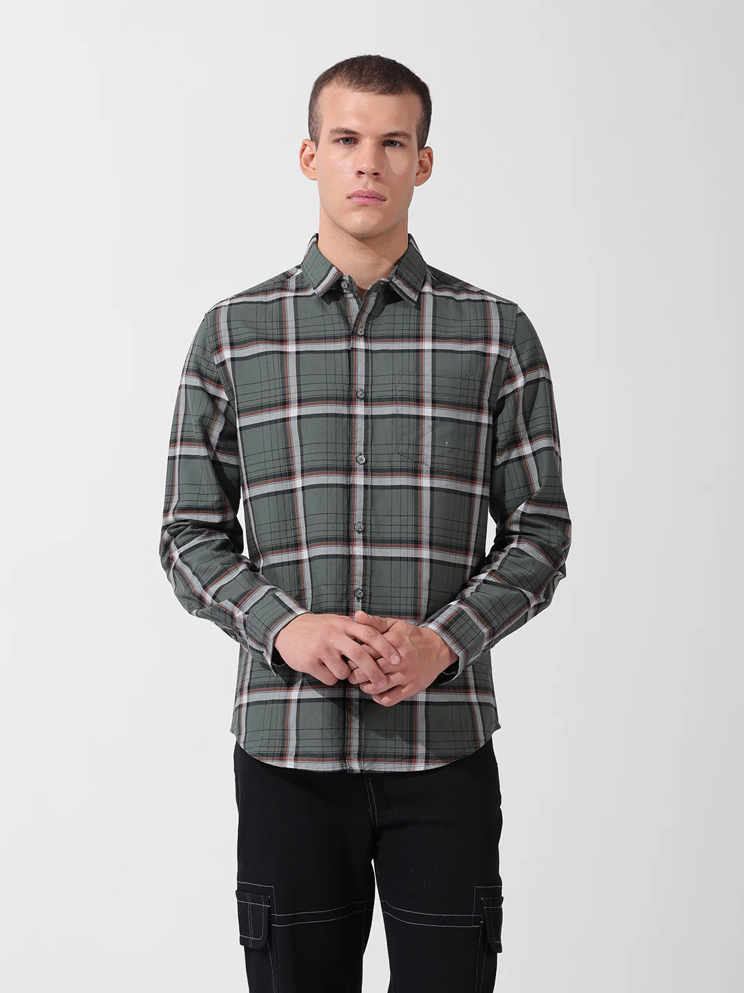Men's Olive Slim Fit Checked Casual Shirt - Image 6