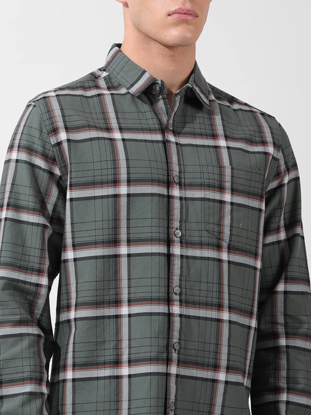Men's Olive Slim Fit Checked Casual Shirt - Image 7