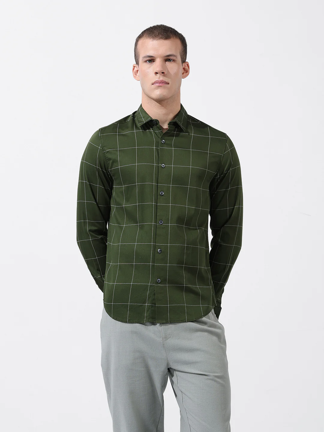 Men's Green Slim Fit Checked Casual Shirt - Image 7