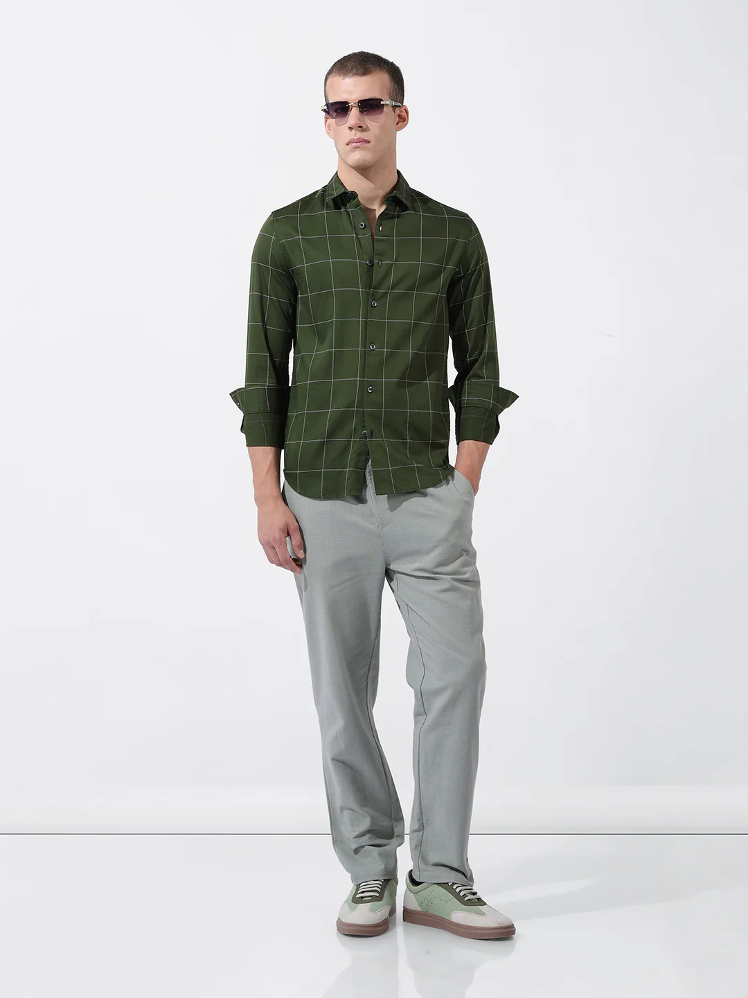 Men's Green Slim Fit Checked Casual Shirt - Image 8