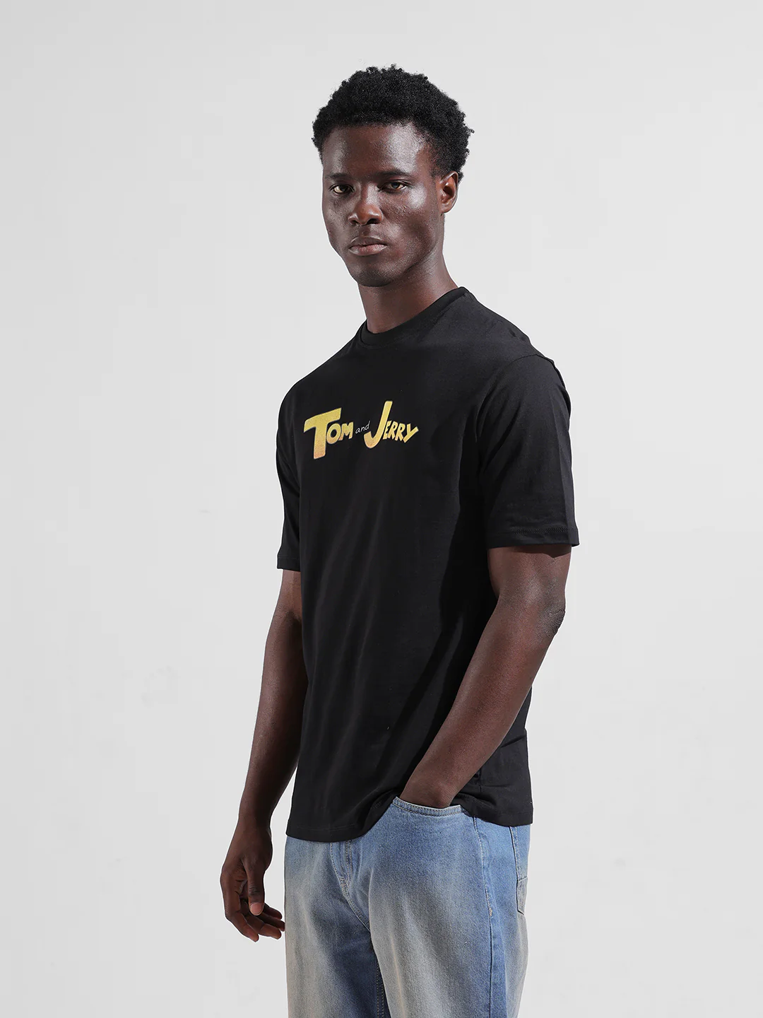 Men's Black Boxy Fit Character Tom & Jerry Printed Crew Neck T-Shirt - Image 5