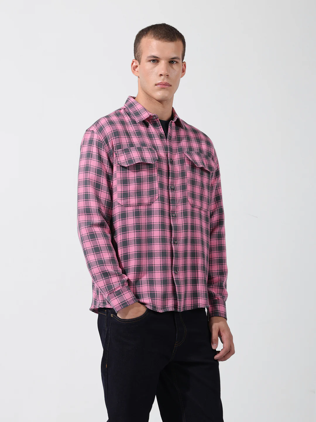 Men's Pink Relaxed Fit Checkered Casual Shirt - Image 2