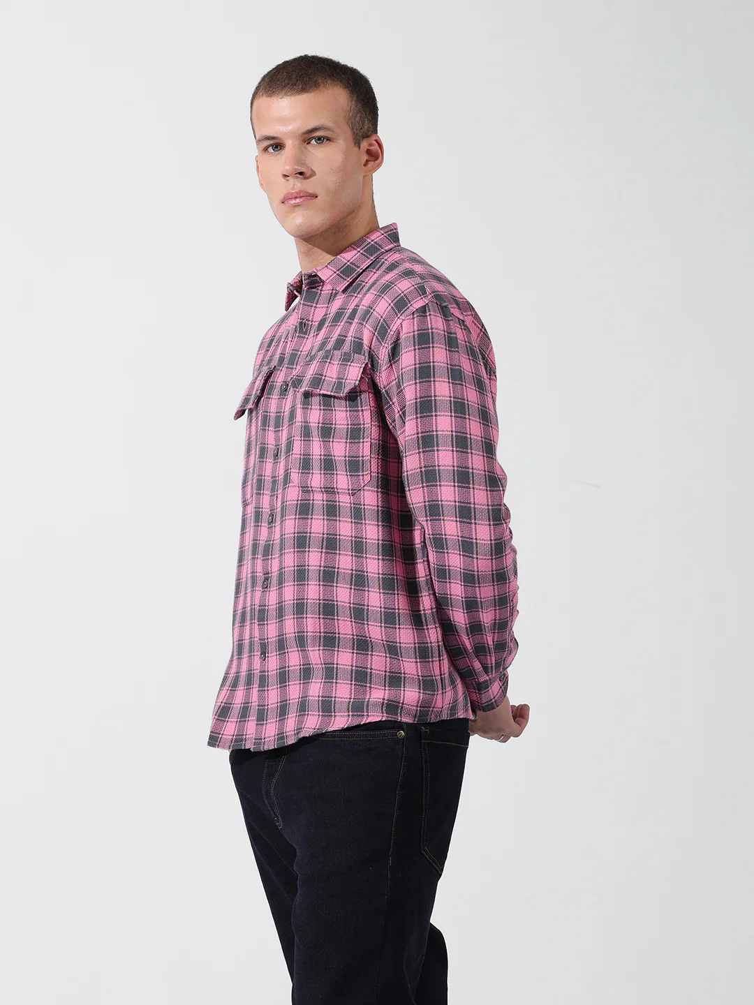 Men's Pink Relaxed Fit Checkered Casual Shirt - Image 3
