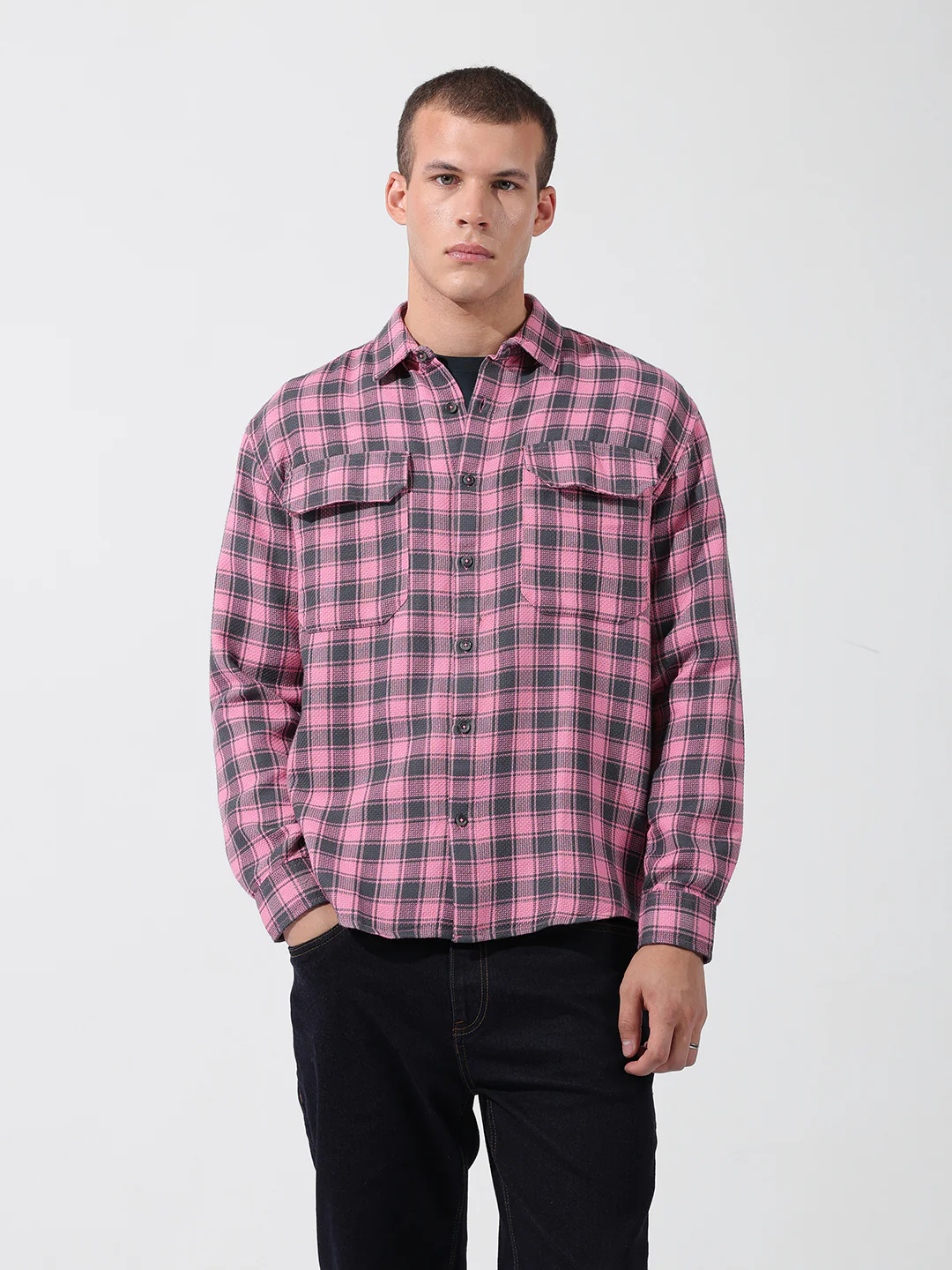 Men's Pink Relaxed Fit Checkered Casual Shirt - Image 7