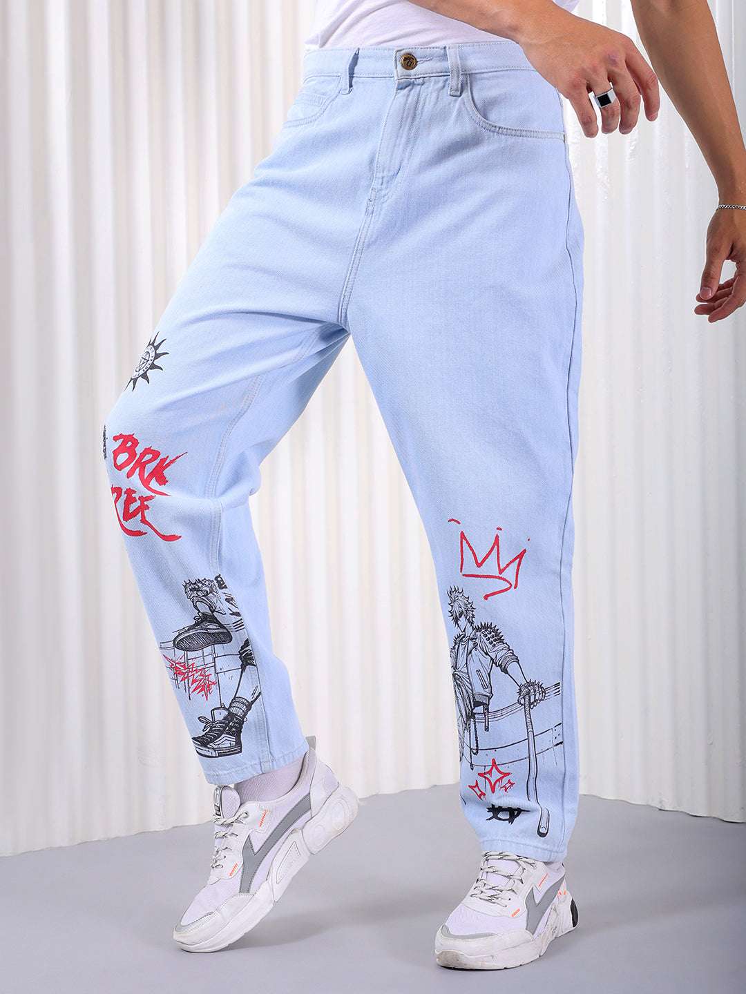 Men's Ice  Blue Loose Fit Printed Casual Jeans - Image 4
