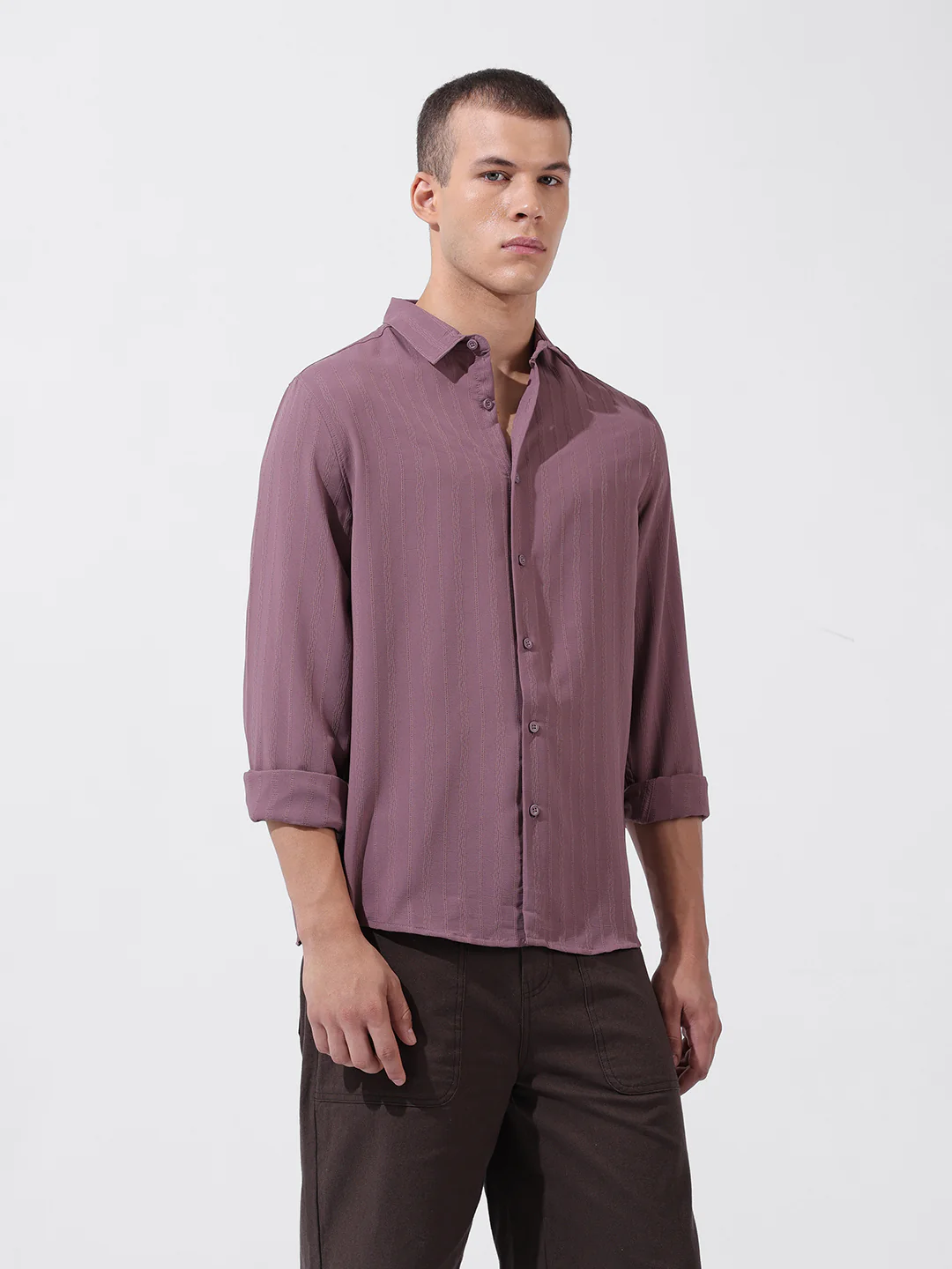 Men's Purple Regular Fit Textured Resort Wear Shirt - Image 4