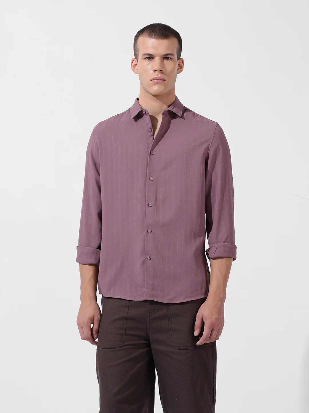 Men's Purple Regular Fit Textured Resort Wear Shirt - Image 8