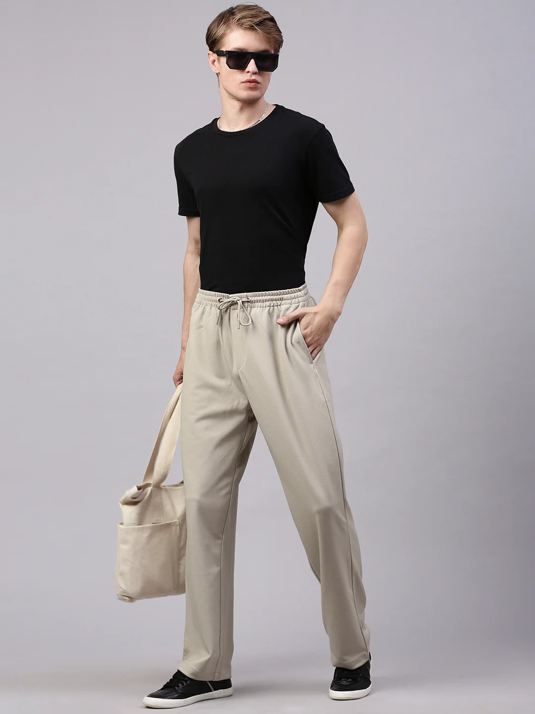 Men's Light Beige Relaxed Fit Solid Casual Jogger - Image 5