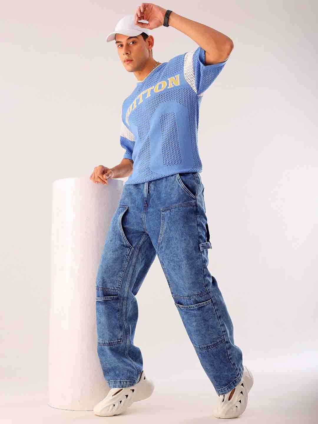 Men's Blue Relaxed Fit Solid Utility Jeans - Image 2