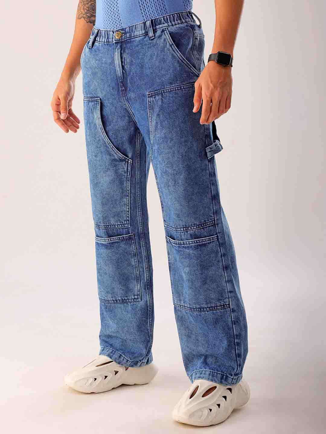 Men's Blue Relaxed Fit Solid Utility Jeans - Image 3