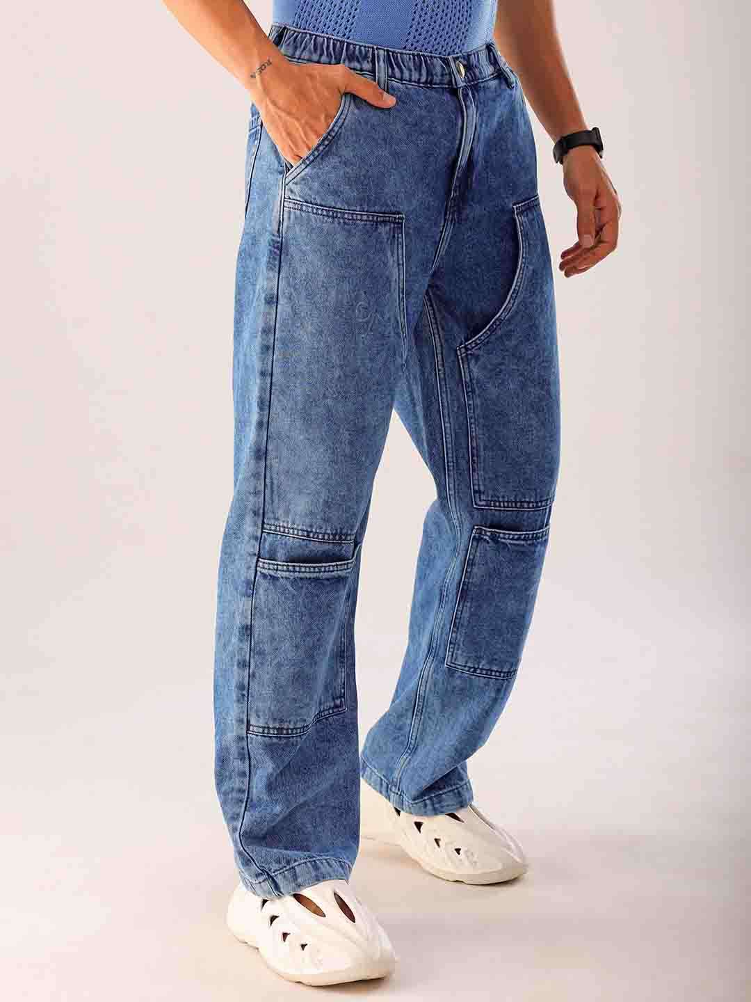 Men's Blue Relaxed Fit Solid Utility Jeans - Image 4