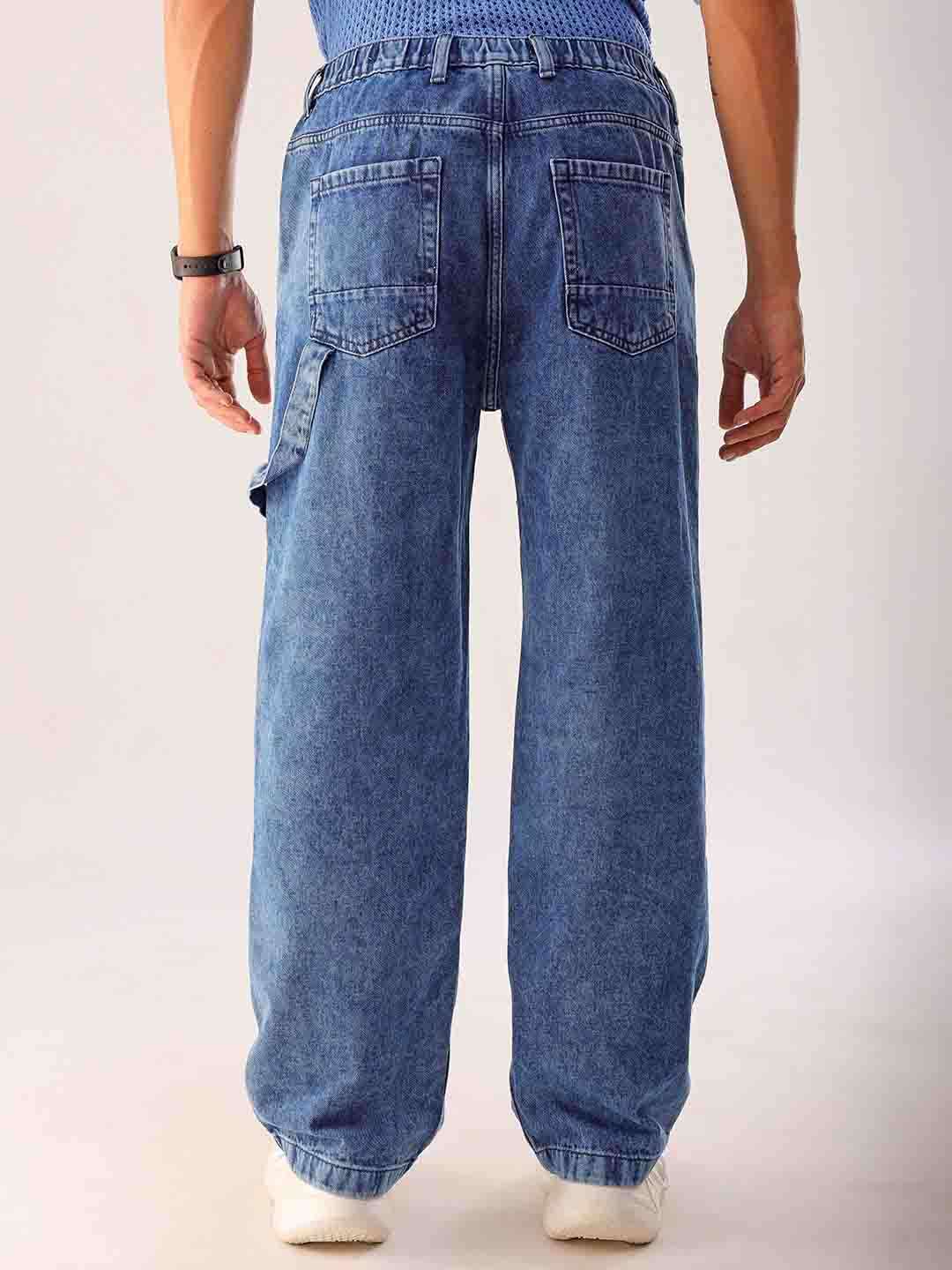 Men's Blue Relaxed Fit Solid Utility Jeans - Image 5