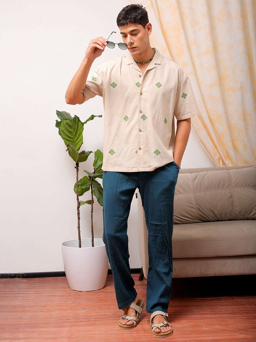 Men's Cream Relaxed Fit Solid Resort Wear Shirt - Image 3