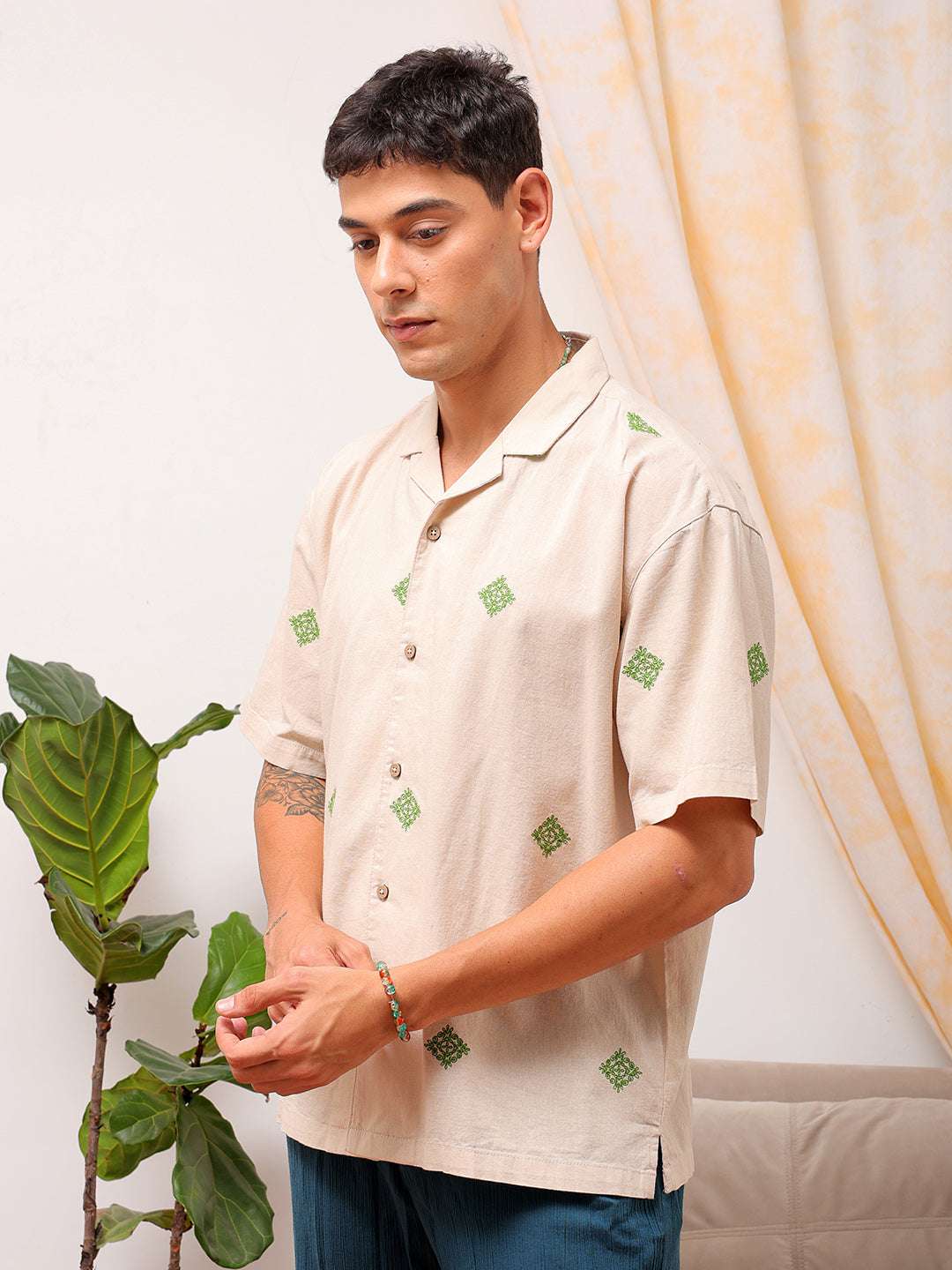 Men's Cream Relaxed Fit Solid Resort Wear Shirt - Image 5