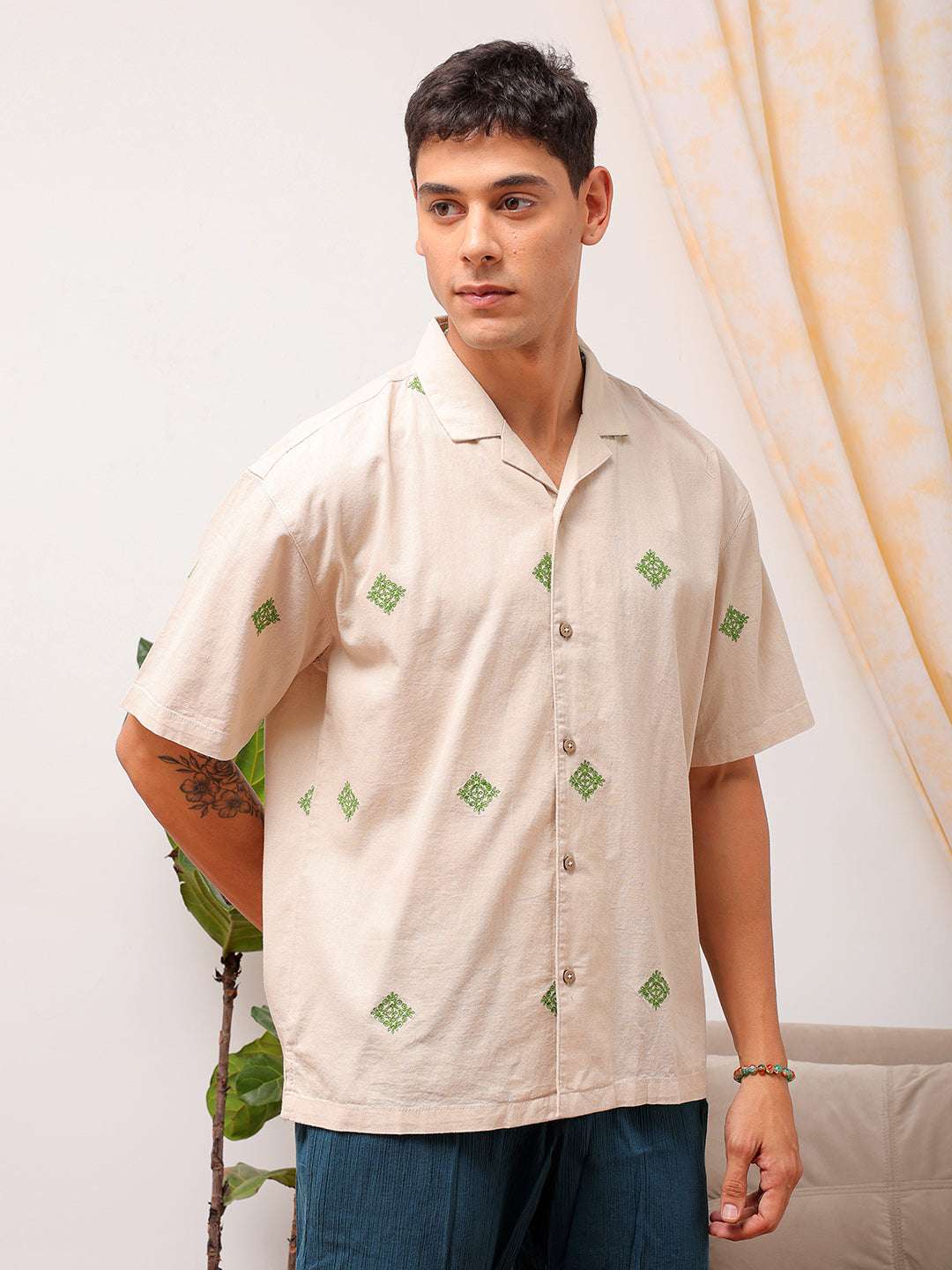 Men's Cream Relaxed Fit Solid Resort Wear Shirt - Image 6