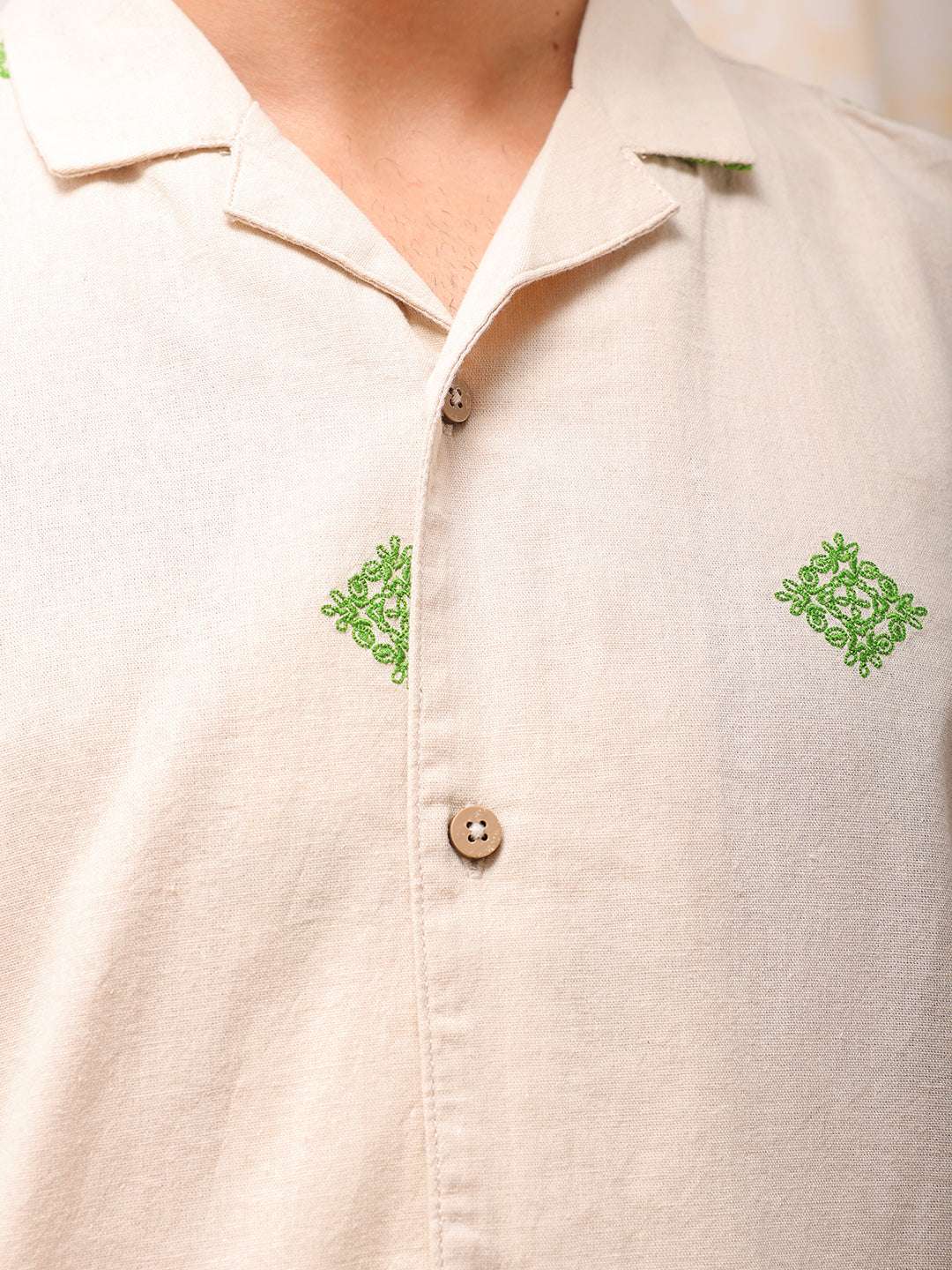 Men's Cream Relaxed Fit Solid Resort Wear Shirt - Image 7