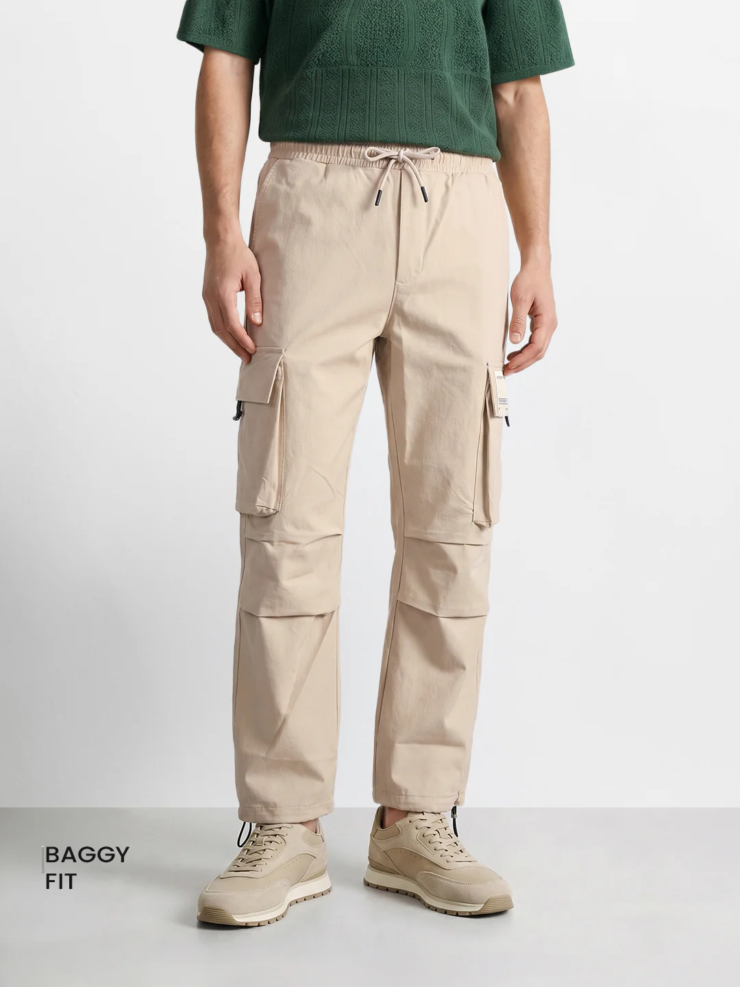 Men's Beige Baggy Fit Solid Utility Cargo - Image 2