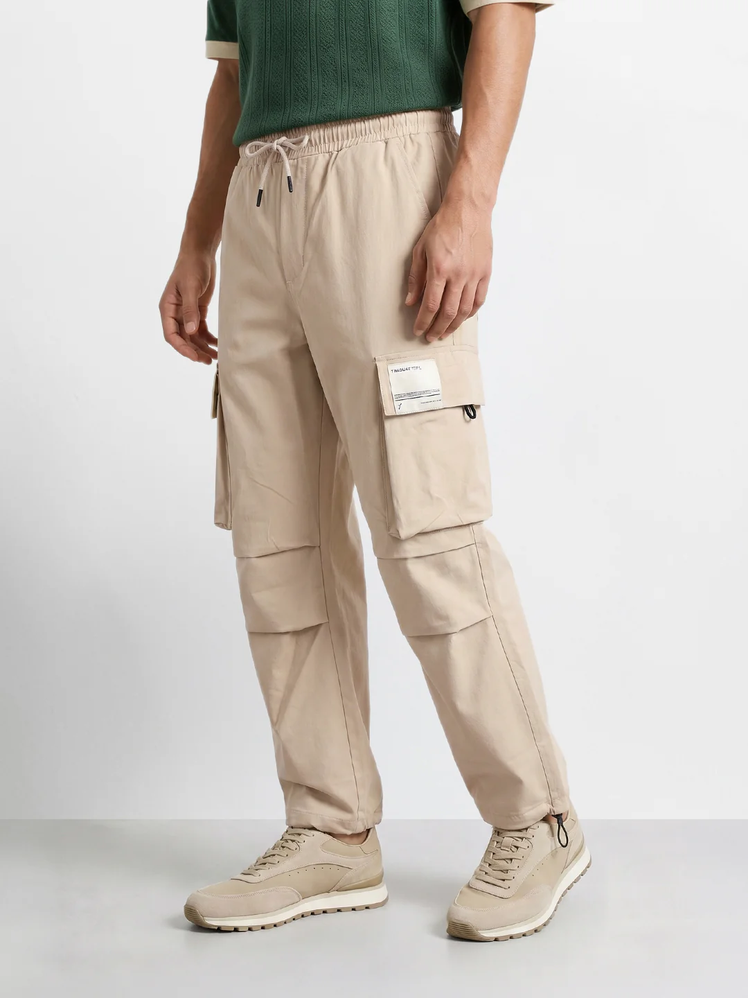 Men's Beige Baggy Fit Solid Utility Cargo - Image 3