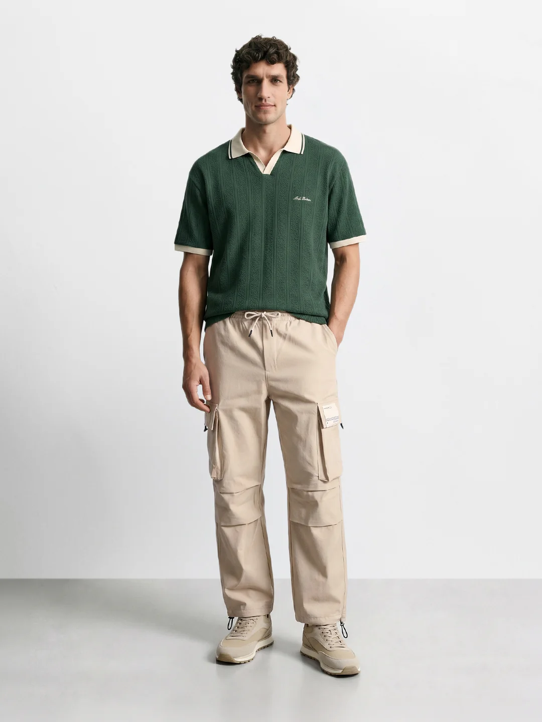 Men's Beige Baggy Fit Solid Utility Cargo - Image 5
