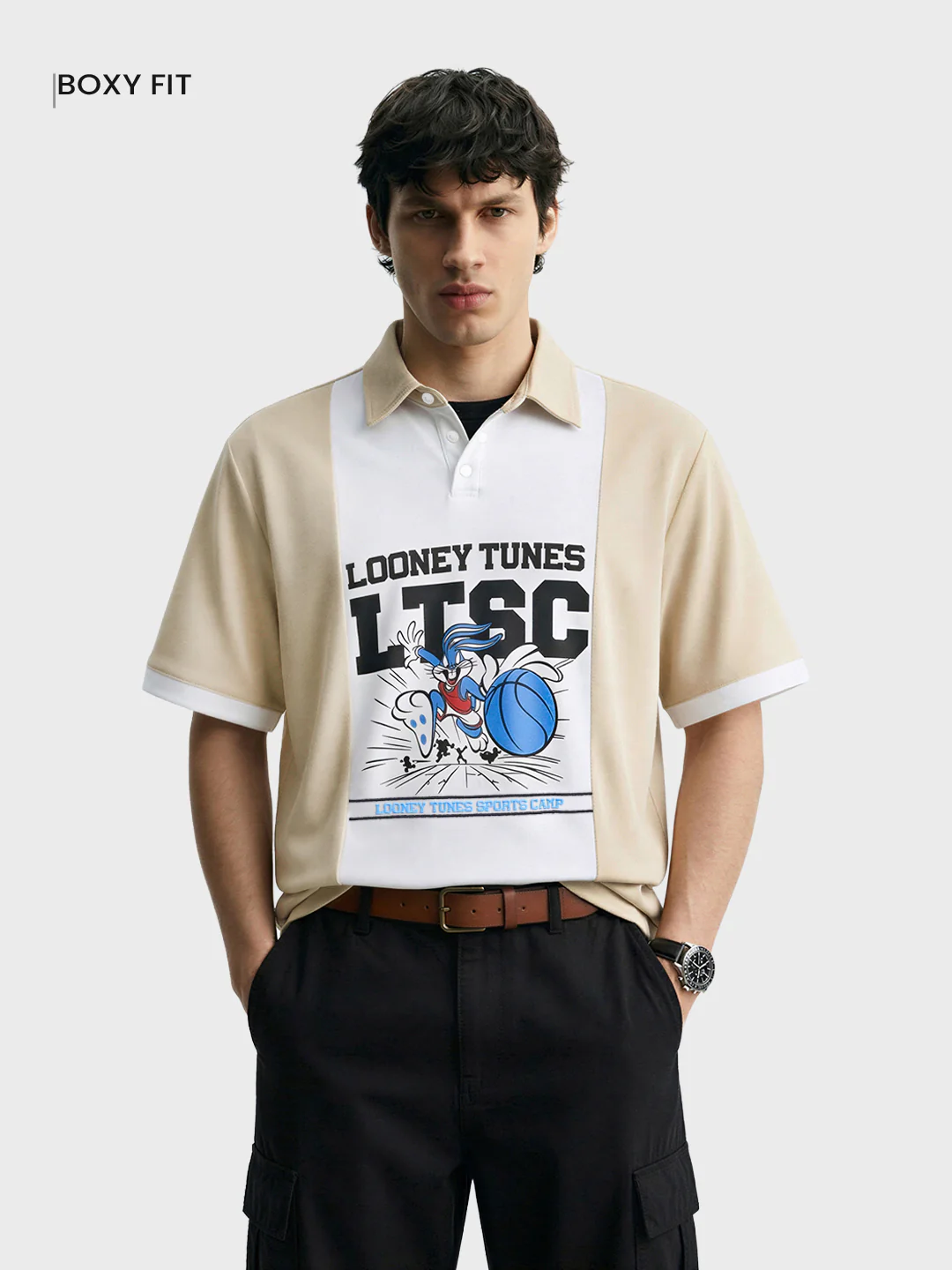 Men's Beige Boxy Fit Loony Tune character T-Shirt - Image 2