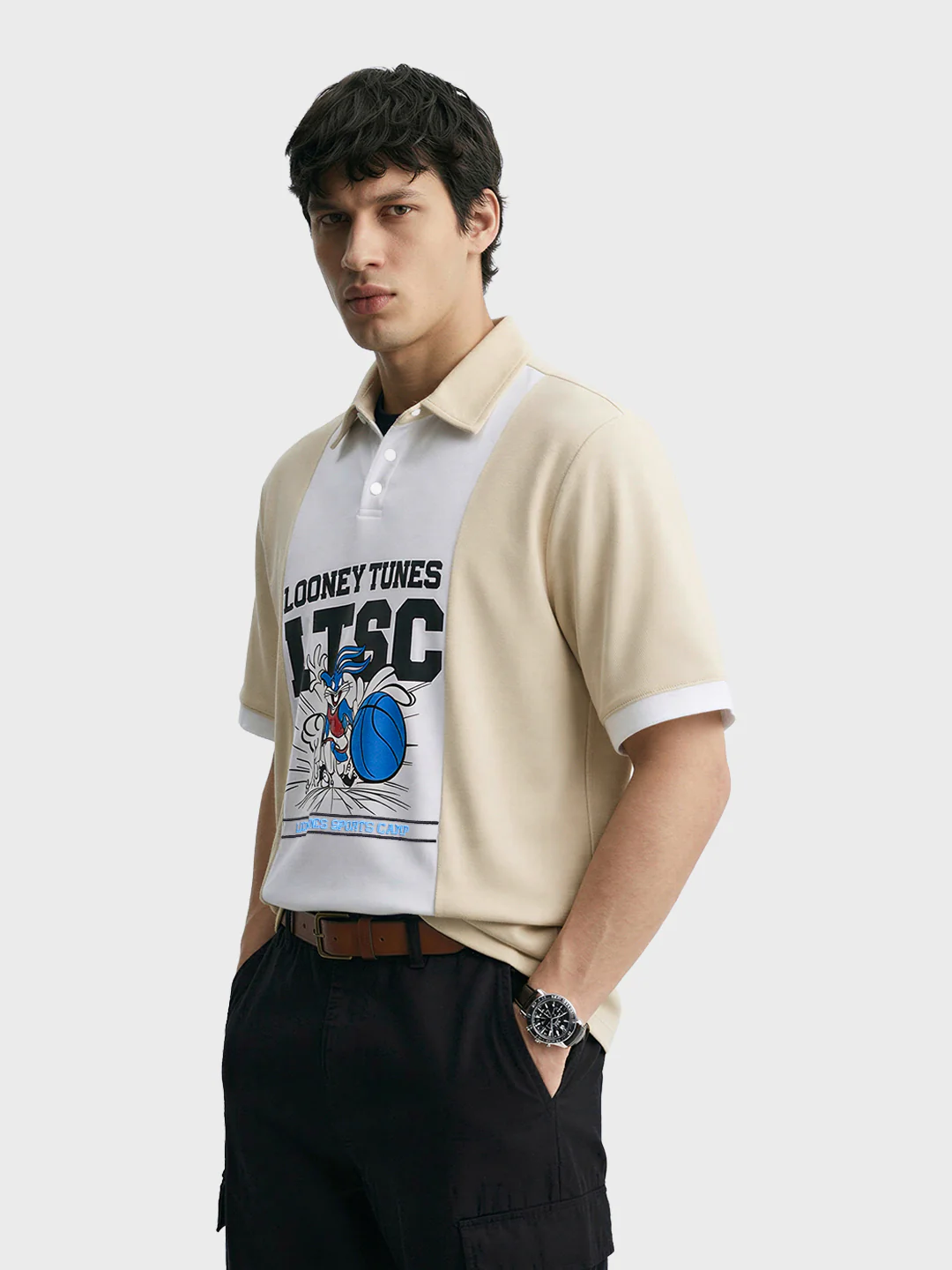 Men's Beige Boxy Fit Loony Tune character T-Shirt - Image 3
