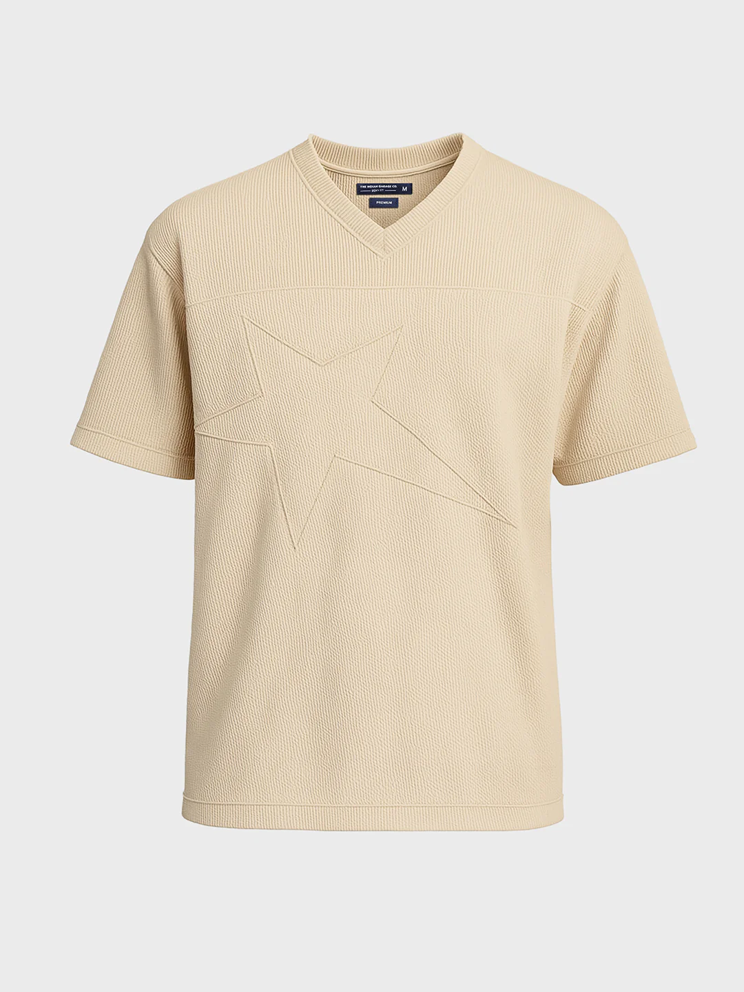 Men's Beige Boxy Fit Textured Casual T-Shirt - Image 3