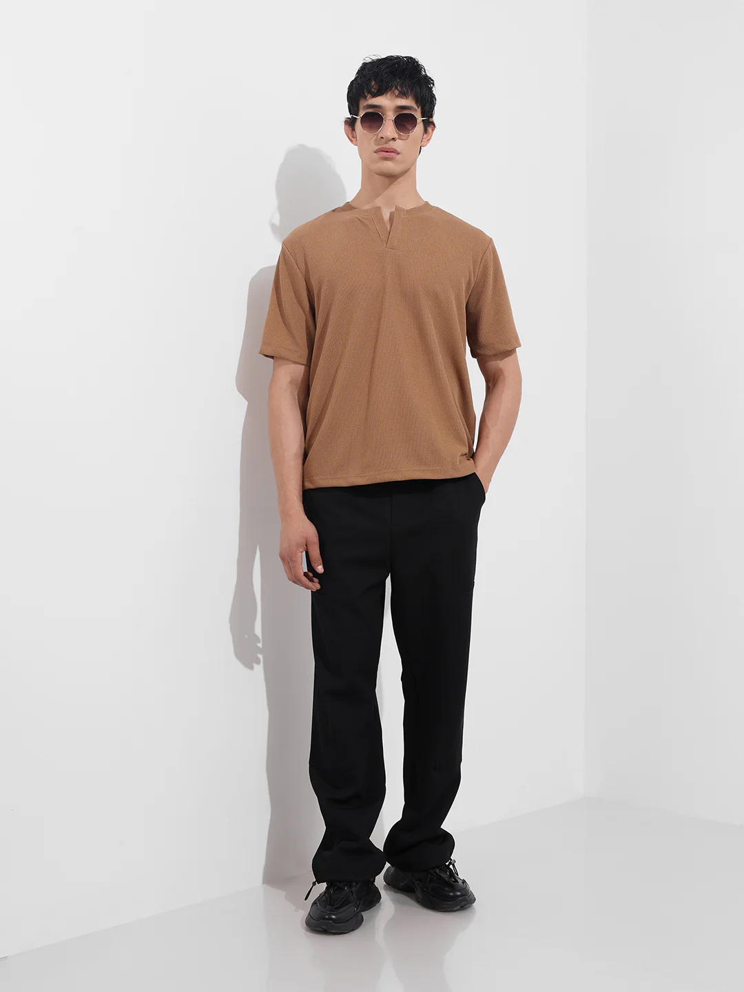 Men's Beige Boxy Fit Textured Casual T-Shirt - Image 2