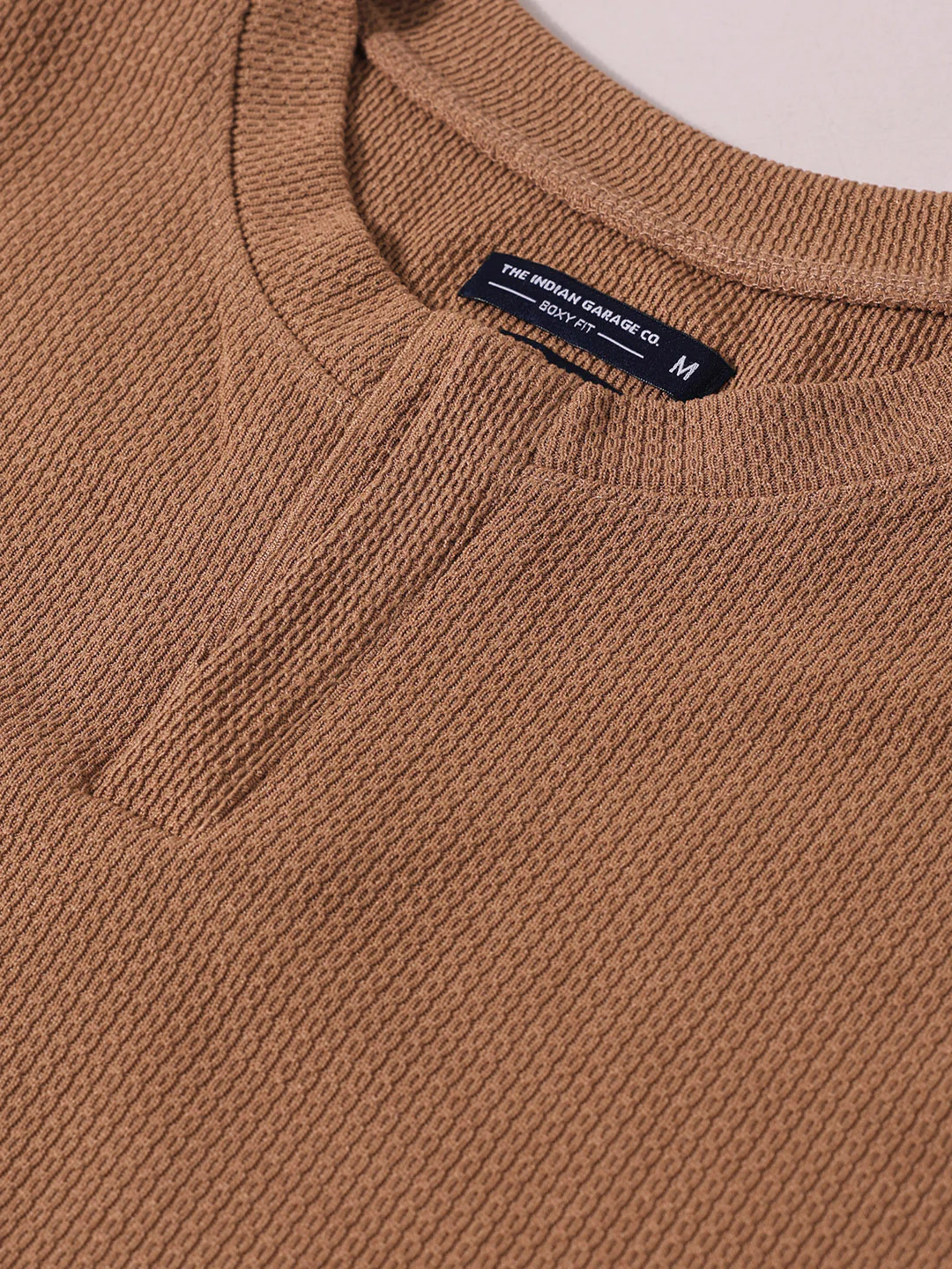 Men's Beige Boxy Fit Textured Casual T-Shirt - Image 6